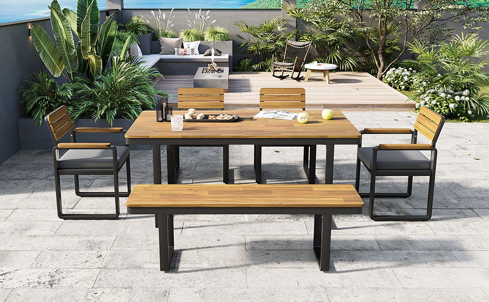 Outdoor Dining Set Acacia Wood 6-Piece w/ Gray Cushions for Patio Backyard