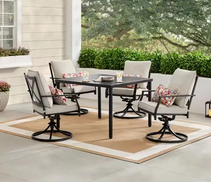 5-Piece Metal Outdoor Dining Set Swivel Chairs Square Table Beige Cushions Patio