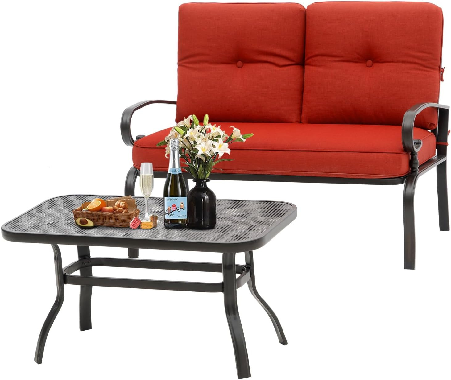 Oakcloud Outdoor 2 Pcs Patio Loveseat Bench Metal Frame Furniture Set with Thick