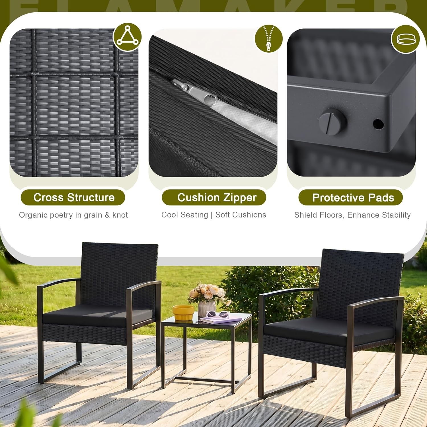 Flamaker 3 Piece Outdoor Patio Wicker Furniture Set with Table Black