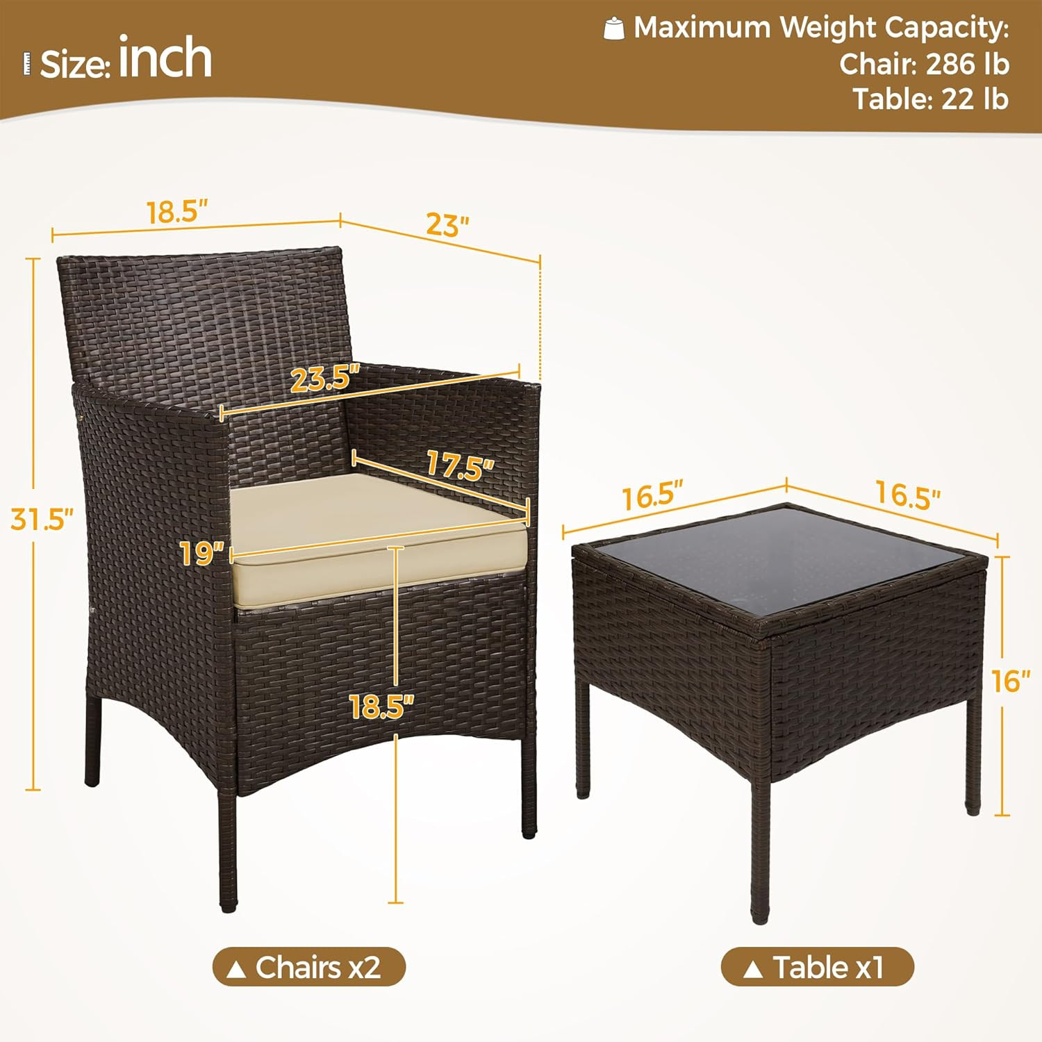 3-Piece Outdoor Rattan Furniture Set with Cushions & Glass Table, Brown/Khaki