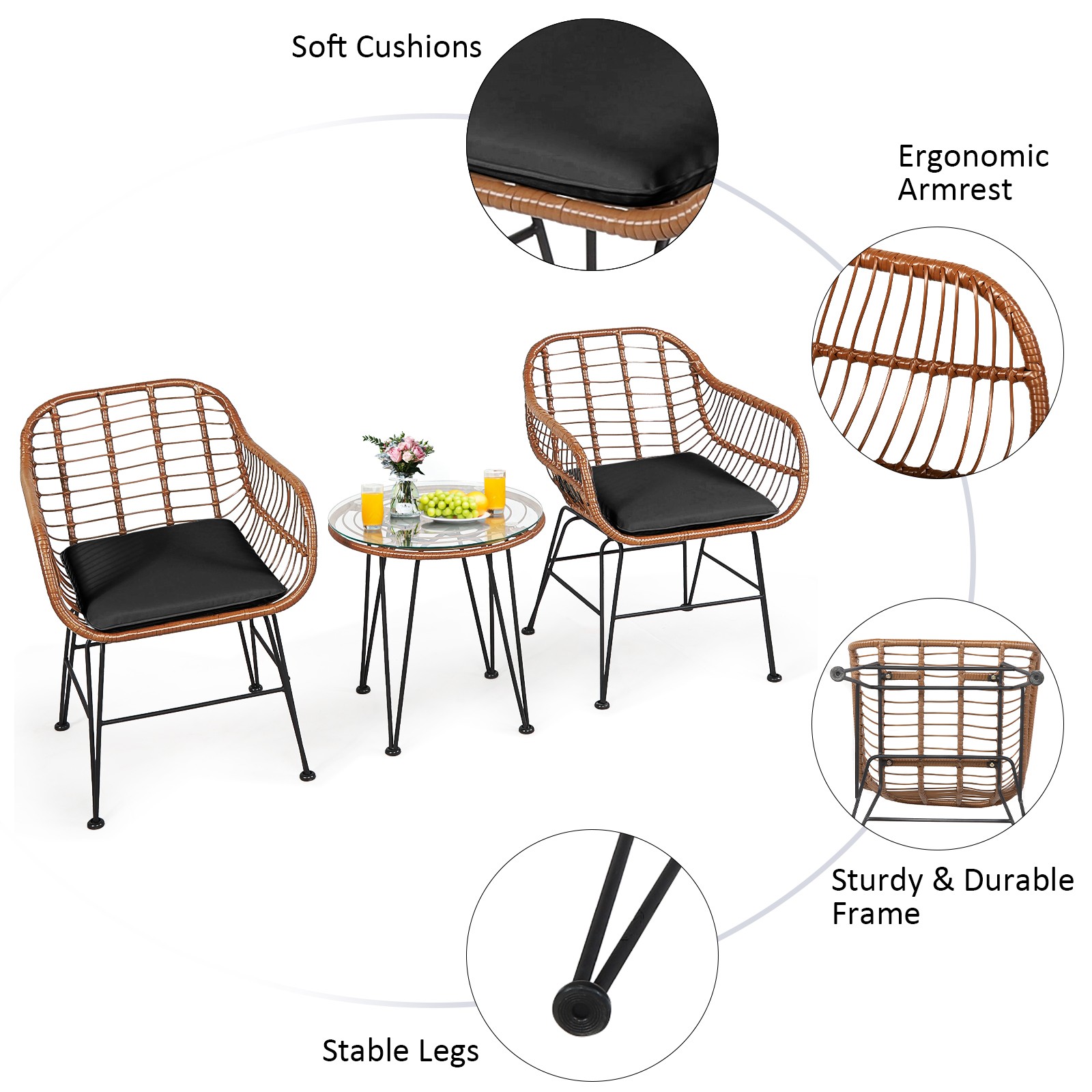 Patiojoy 3PCS Patio Rattan Bistro Set Coffee Table Armchair Garden Black Cushion
