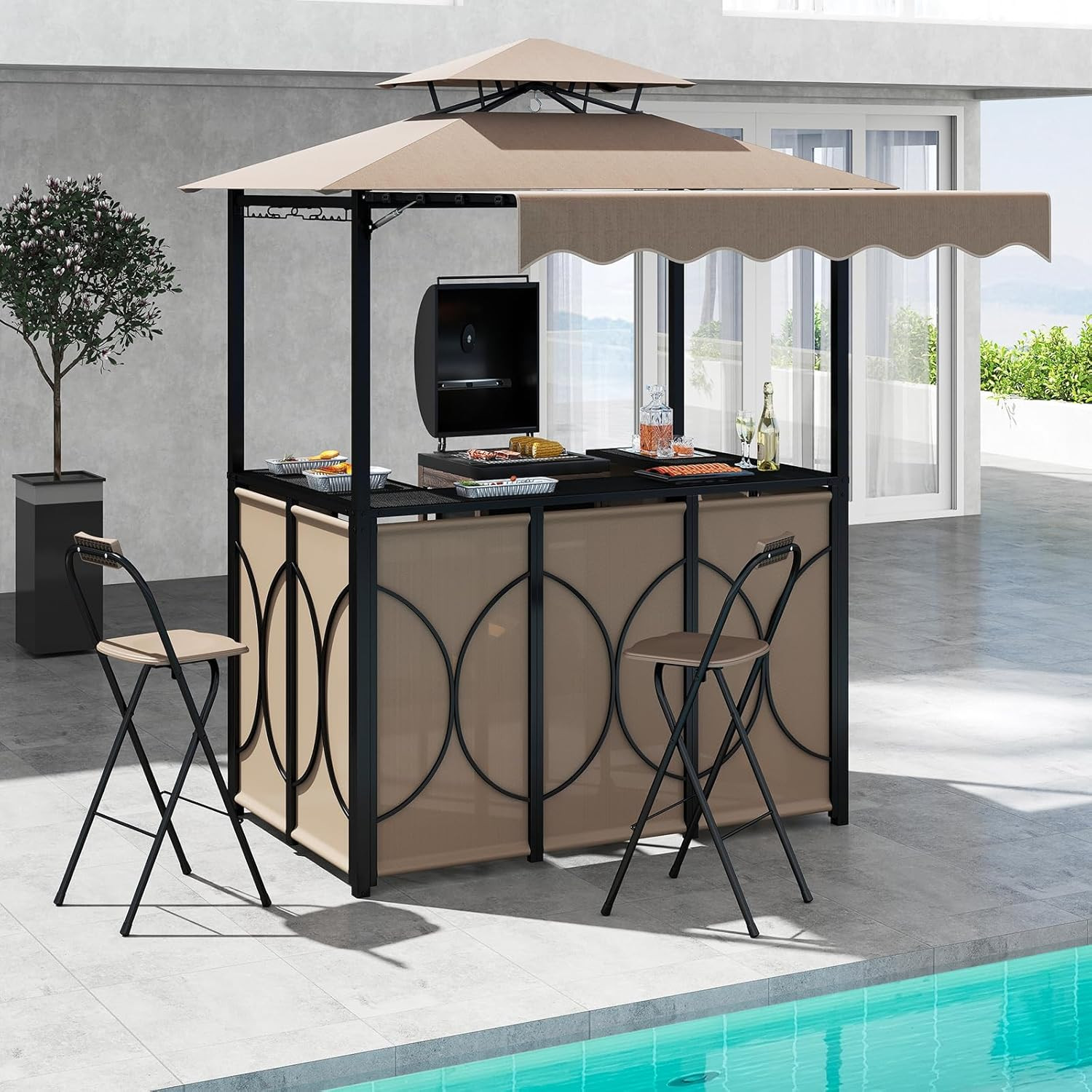 Chic 3-Piece Coffee Patio Bar Set with Gazebo & Foldable Stools