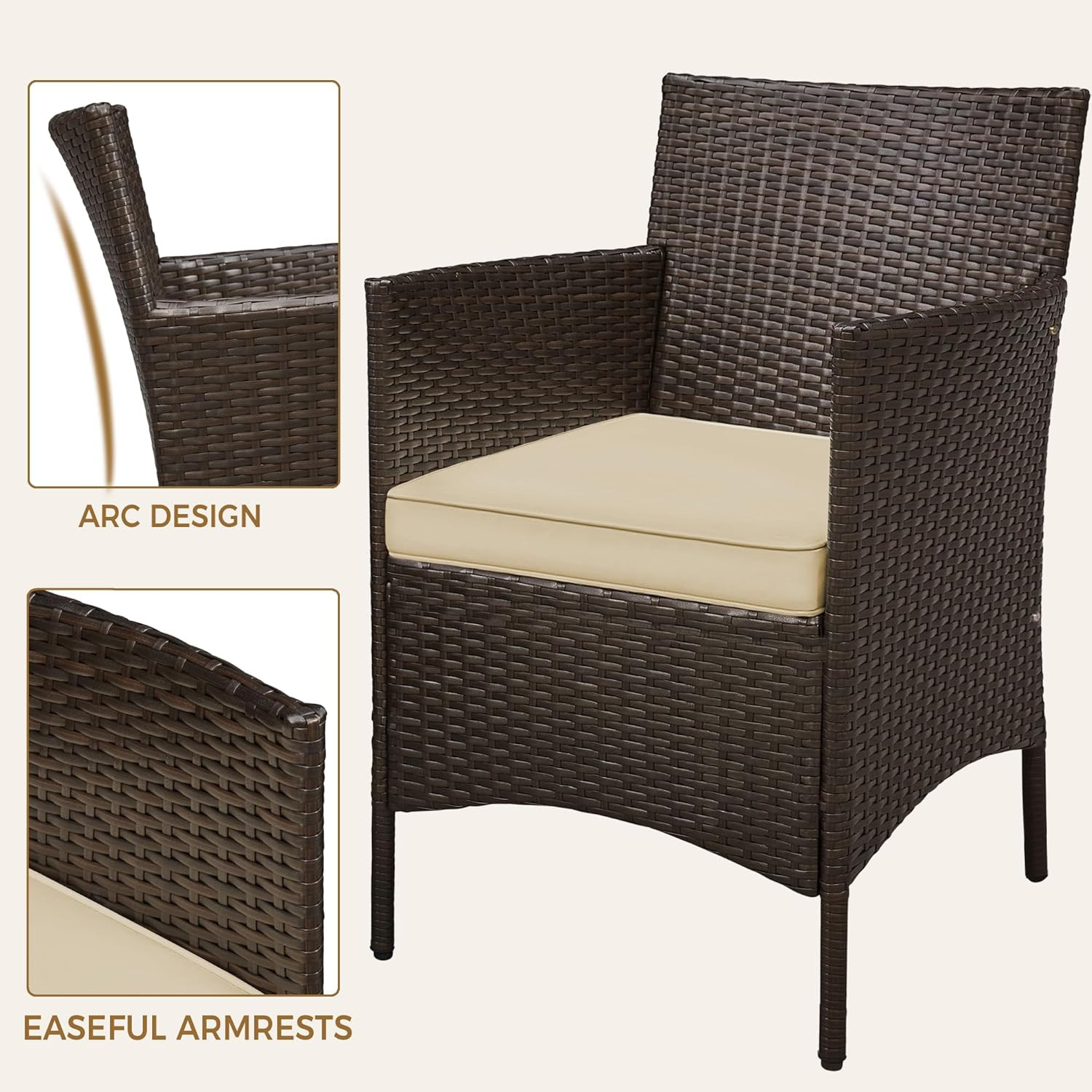 3-Piece Outdoor Rattan Furniture Set with Cushions & Glass Table, Brown/Khaki