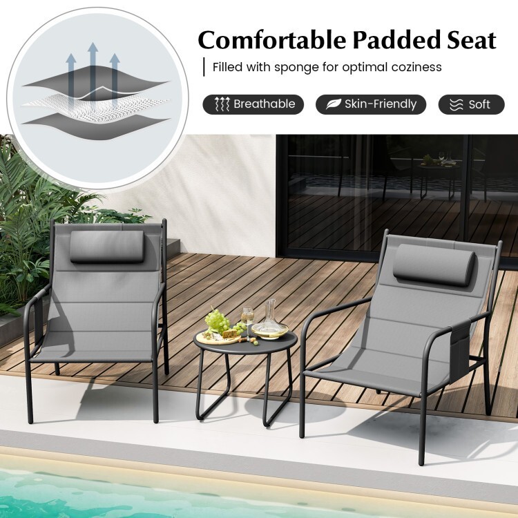 3PCS Patio Outdoor Furniture Bistro Set Metal Chair Padded Seat w/Coffee Table