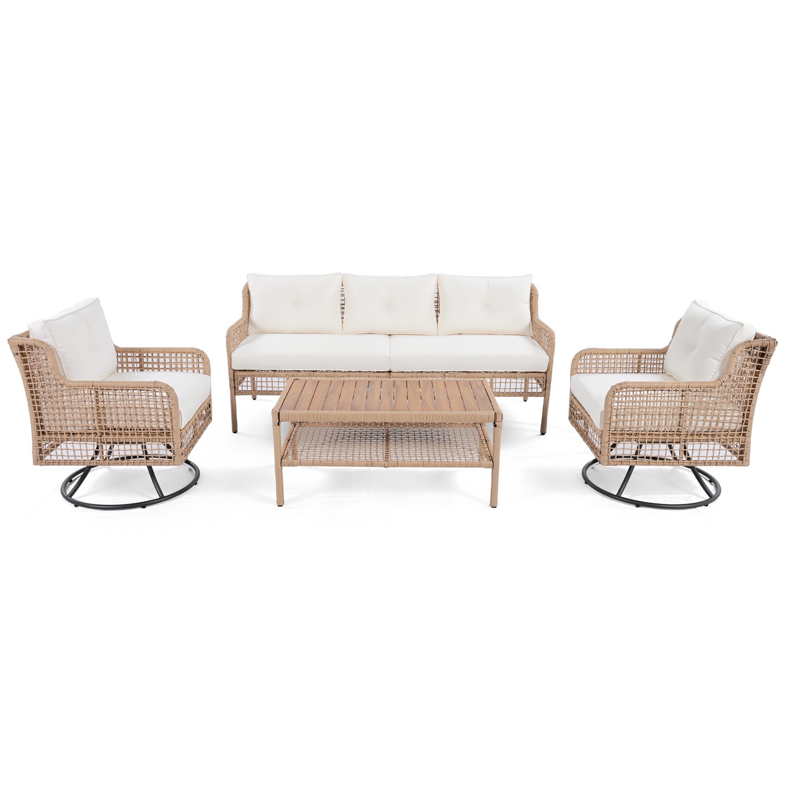 5-Piece Patio Furniture Set with Swivel Chairs, Beige Wicker Sectional Sofa