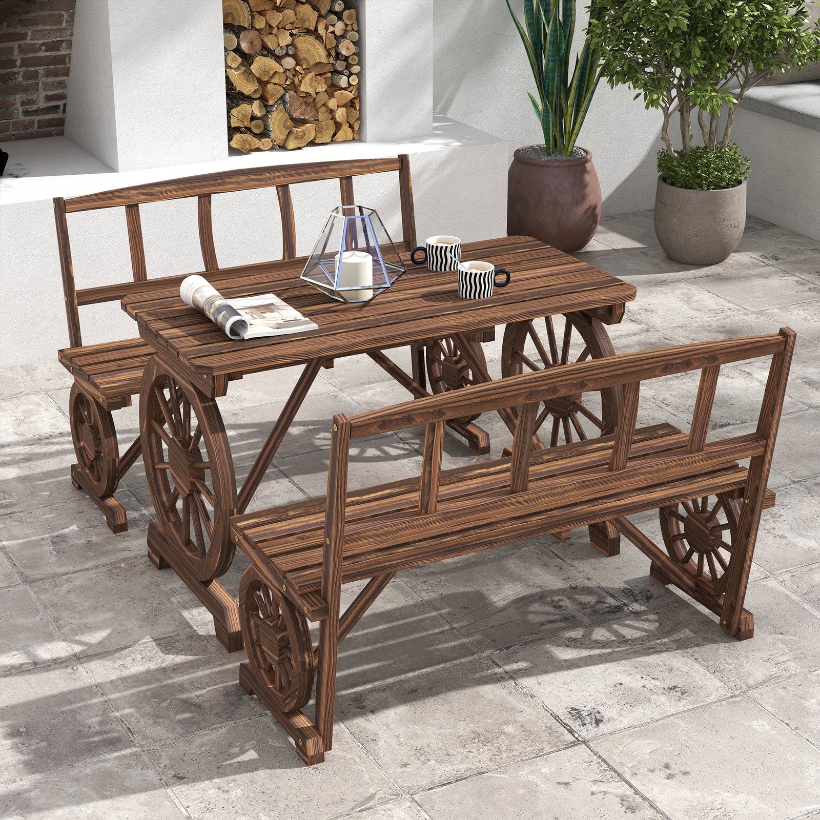 Patio Table and Chairs for 4 People, Wagon Wheel Design, Outdoor Furniture Set