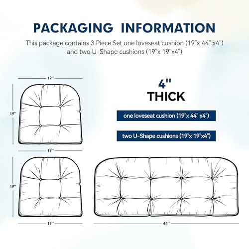 Wicker Chair Cushions 3 Piece Set, Outdoor Loveseat Wicker Cushions for Blue