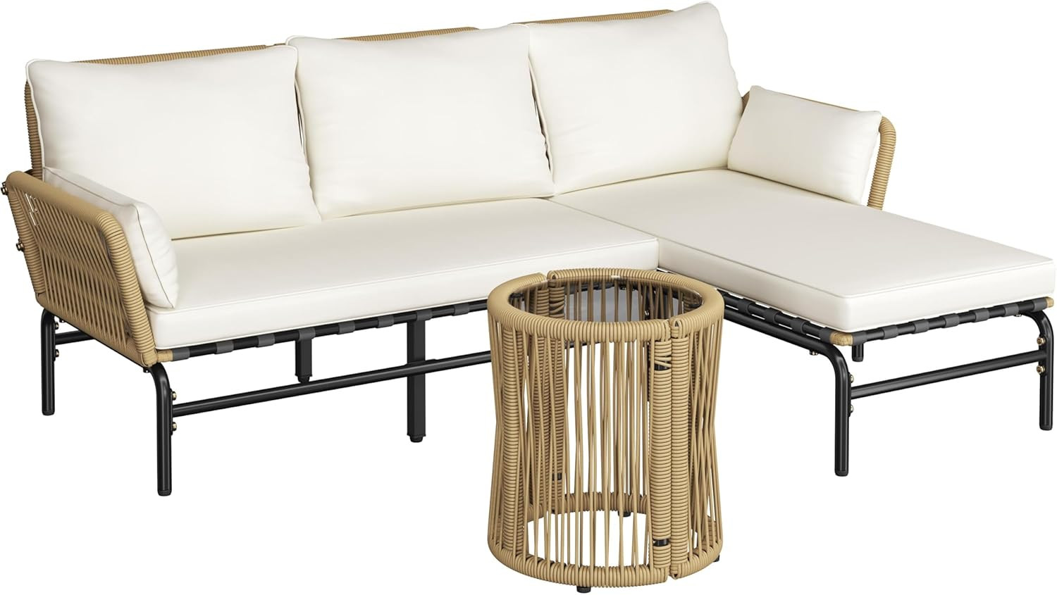 L-Shaped 3-Piece Outdoor Sofa Set with Detachable Lounger & Glass Table