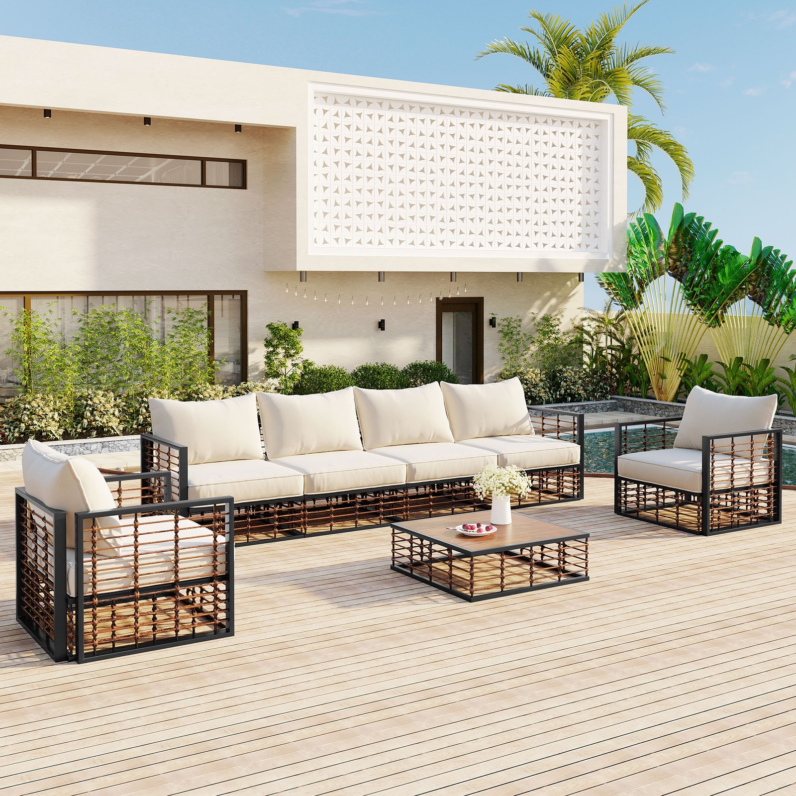 7-Piece Metal Patio Sectional Sofa Set with Coffee Table – Dark Grey