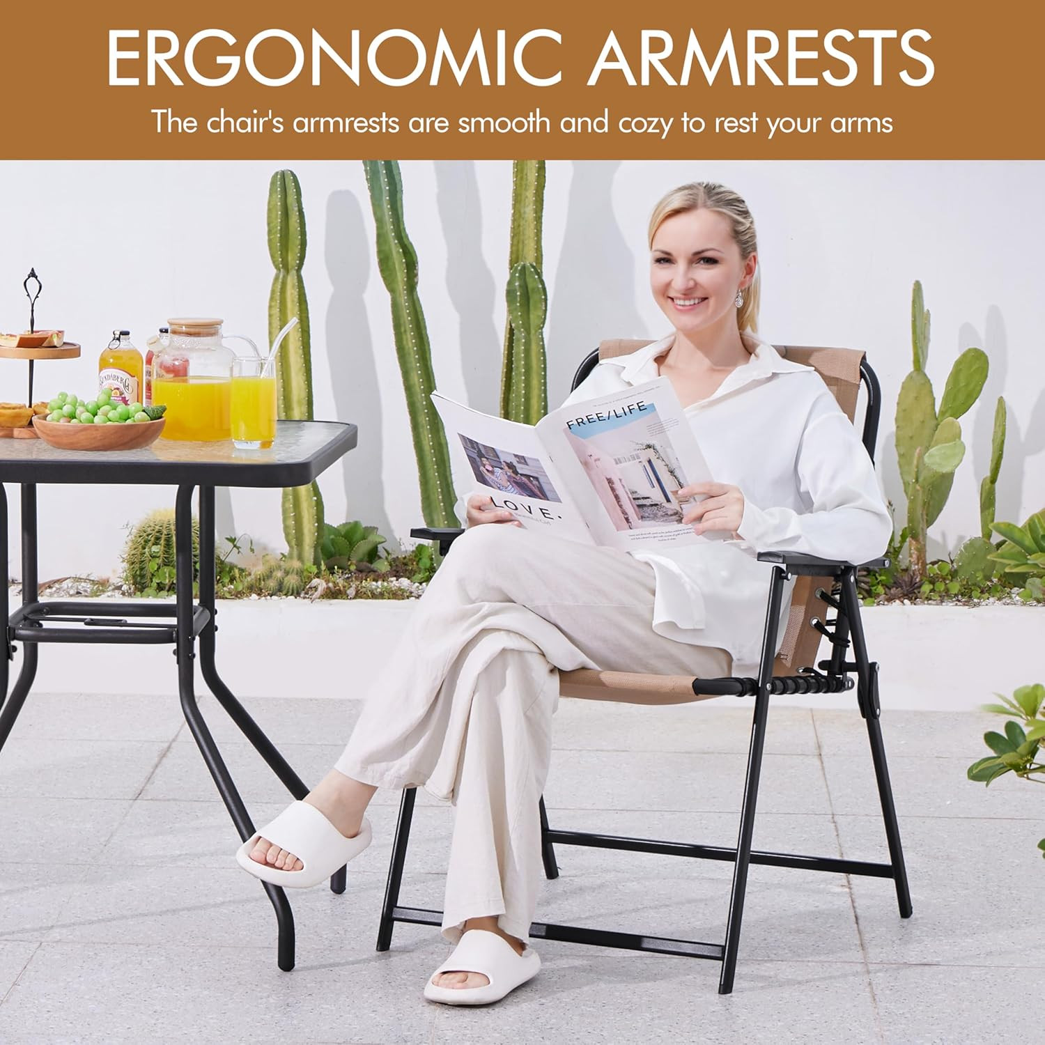 Beige Outdoor Folding Dining Chairs Set of 2 with Armrests