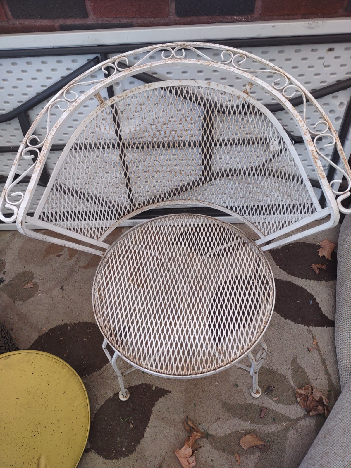 Vintage Wrought Iron Patio Chair Woodard Style White Mesh Curved Back