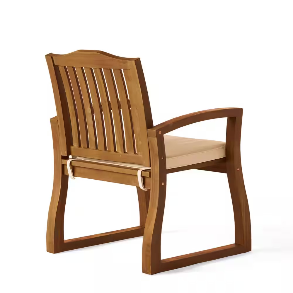 2-Pieces Outdoor Wood Dining Chairs with Cream Cushions for Garden in Brown