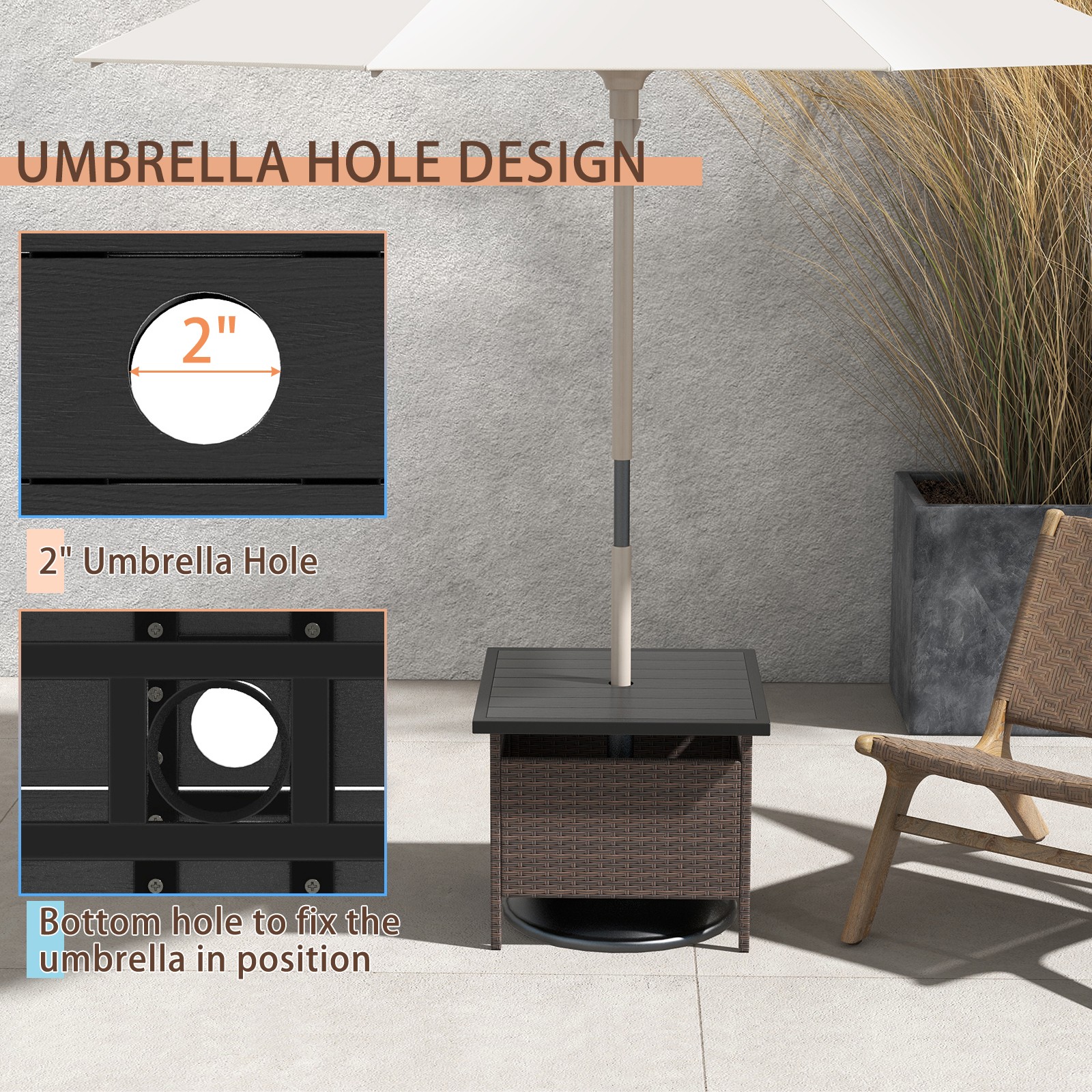 Patio 22″ Rattan Square Side End Table Garden Bistro Umbrella Stand Table W/Hole