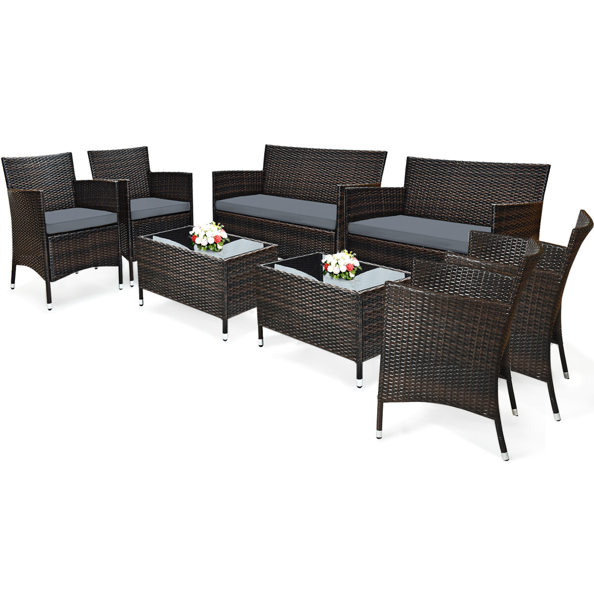Costway 8PCS Rattan Patio Furniture Set Cushioned Sofa Chair Coffee Table Grey