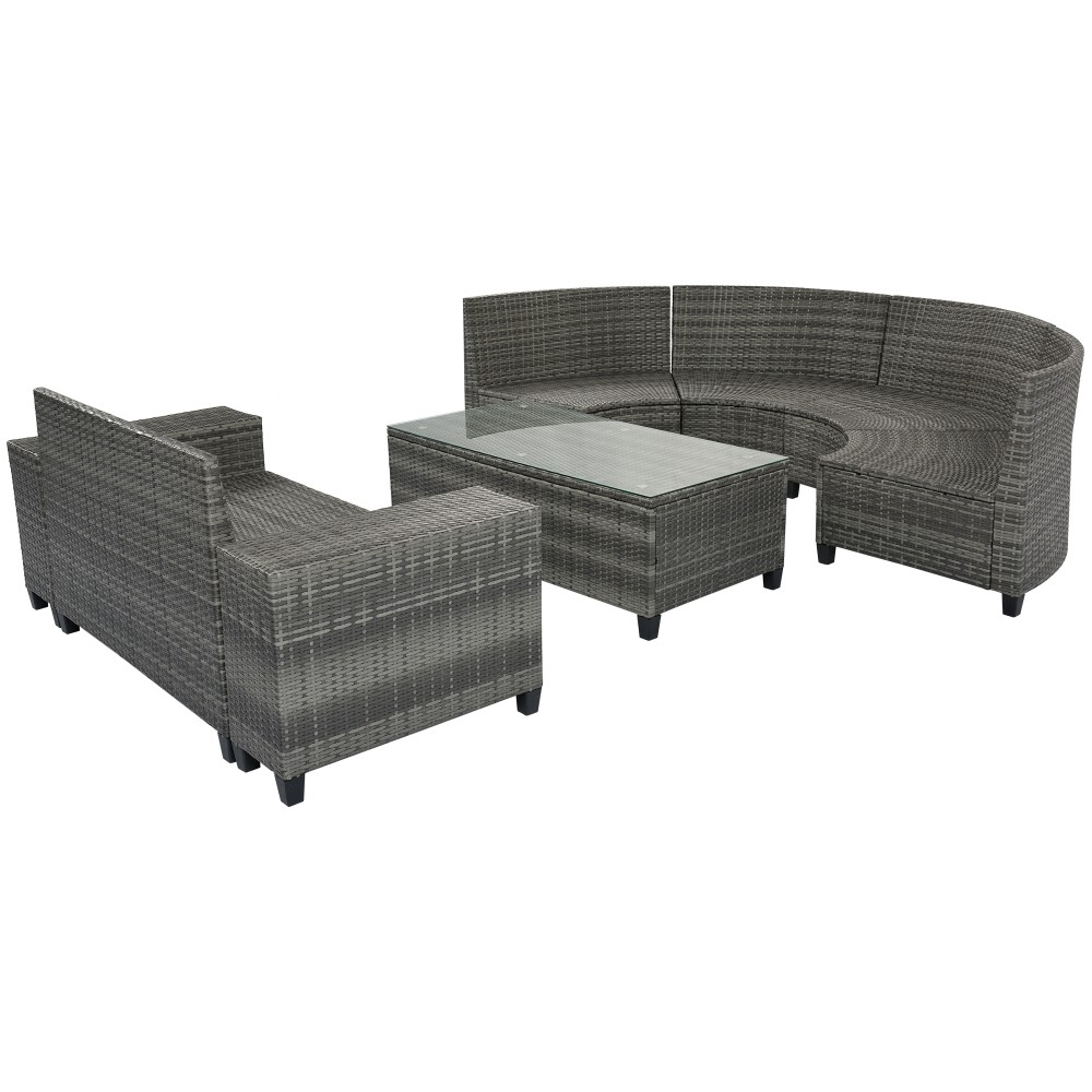 Half-Moon Outdoor Sofa Set 8-pc w/ Coffee Table, PE Rattan, Gray Cushions, Patio