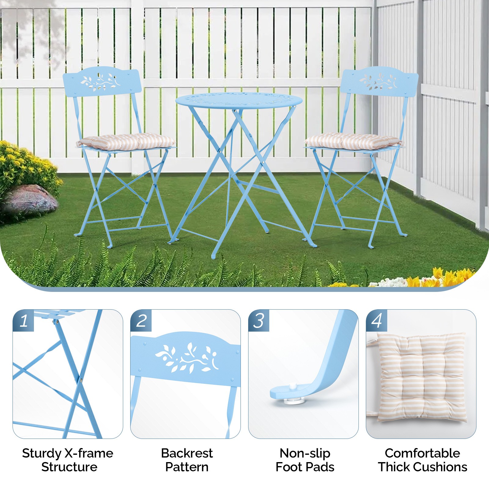 Folding Bistro Table Chairs Dining Set of 3 with Seat Cushions for In/Outdoor