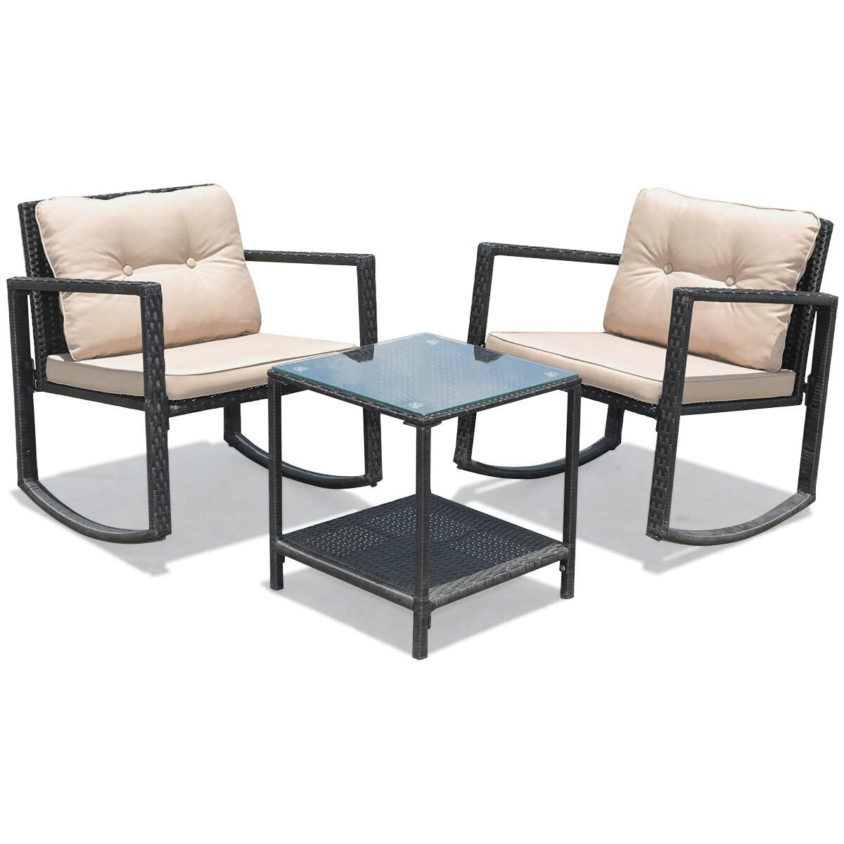 3PC Patio Rattan Conversation Set Rocking Chair Cushioned Sofa Garden Outdoor