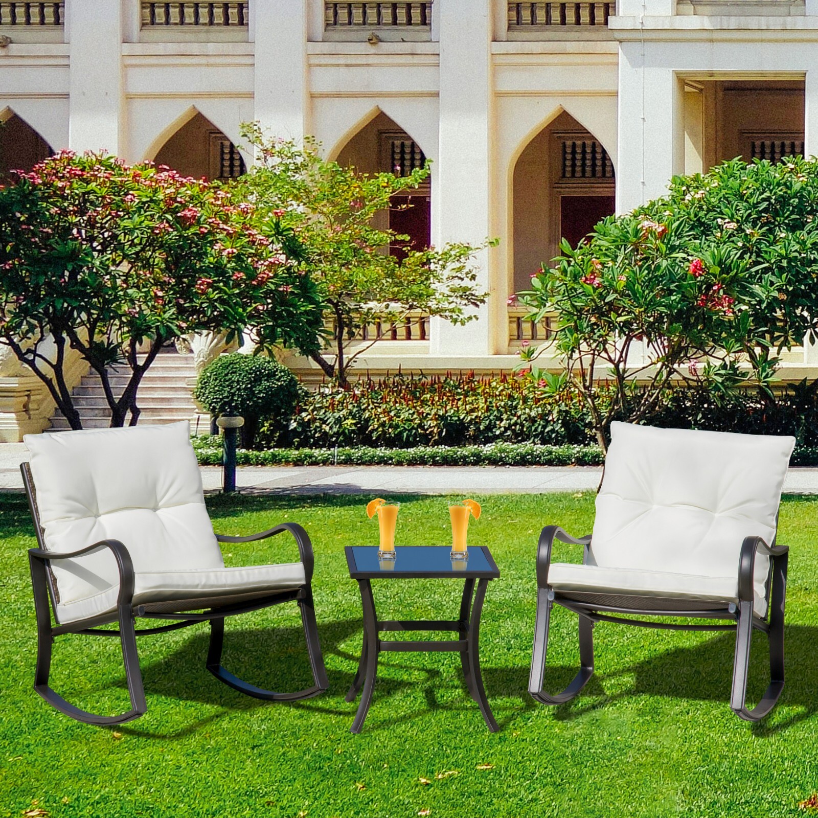 3 Pieces Bistro Set Rocking Chairs Thickened Cushion and Glass Top Table