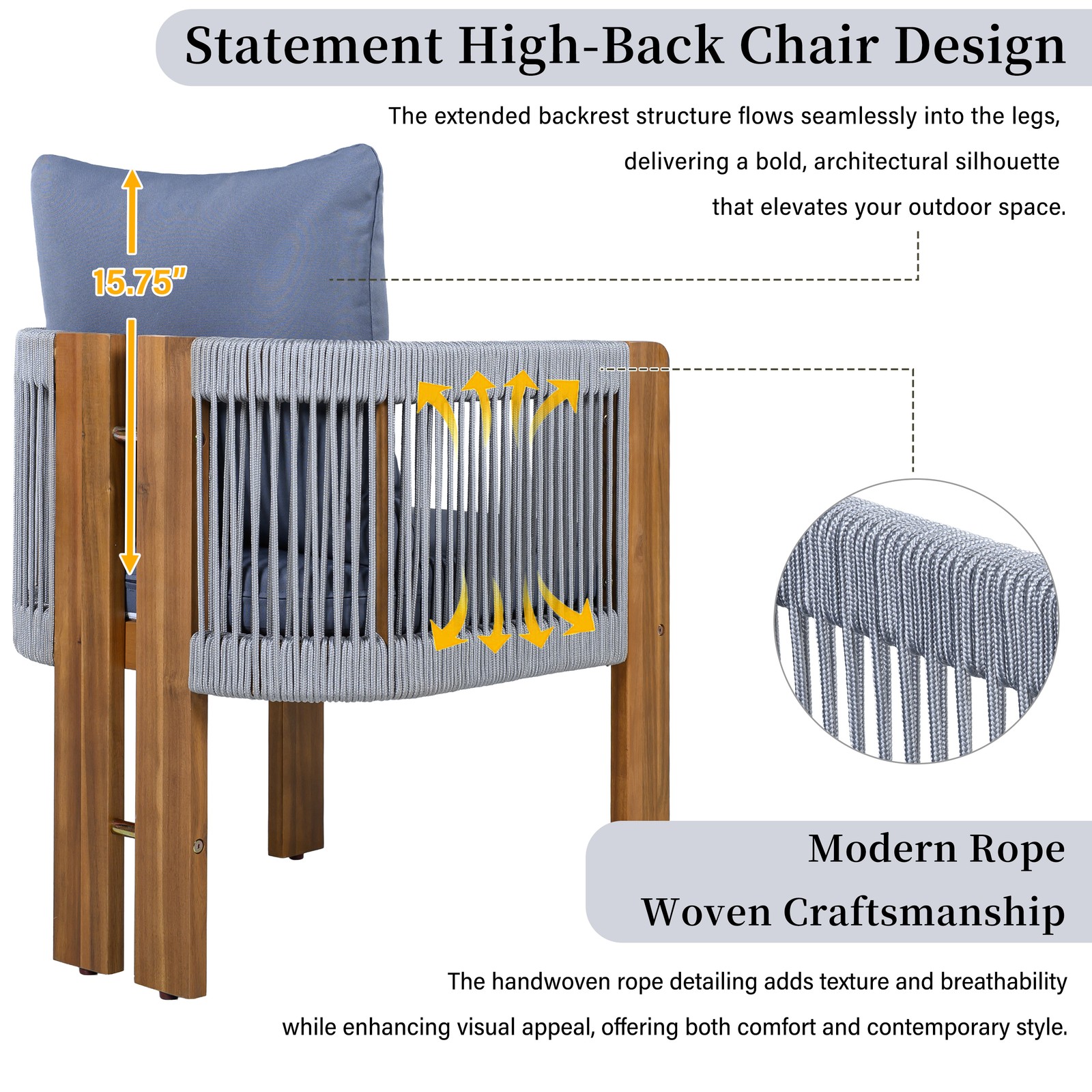 Acacia Wood Outdoor Dining Set with Cushions, Seats 4, Rope Chairs