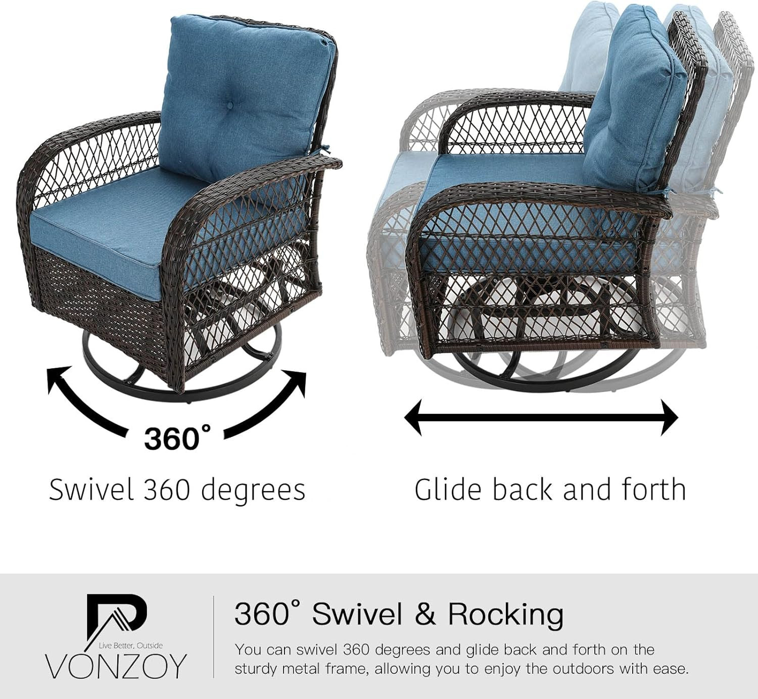 3 Pieces Patio Furniture Set, Outdoor Swivel Glider Rocker, Wicker Patio Bistro