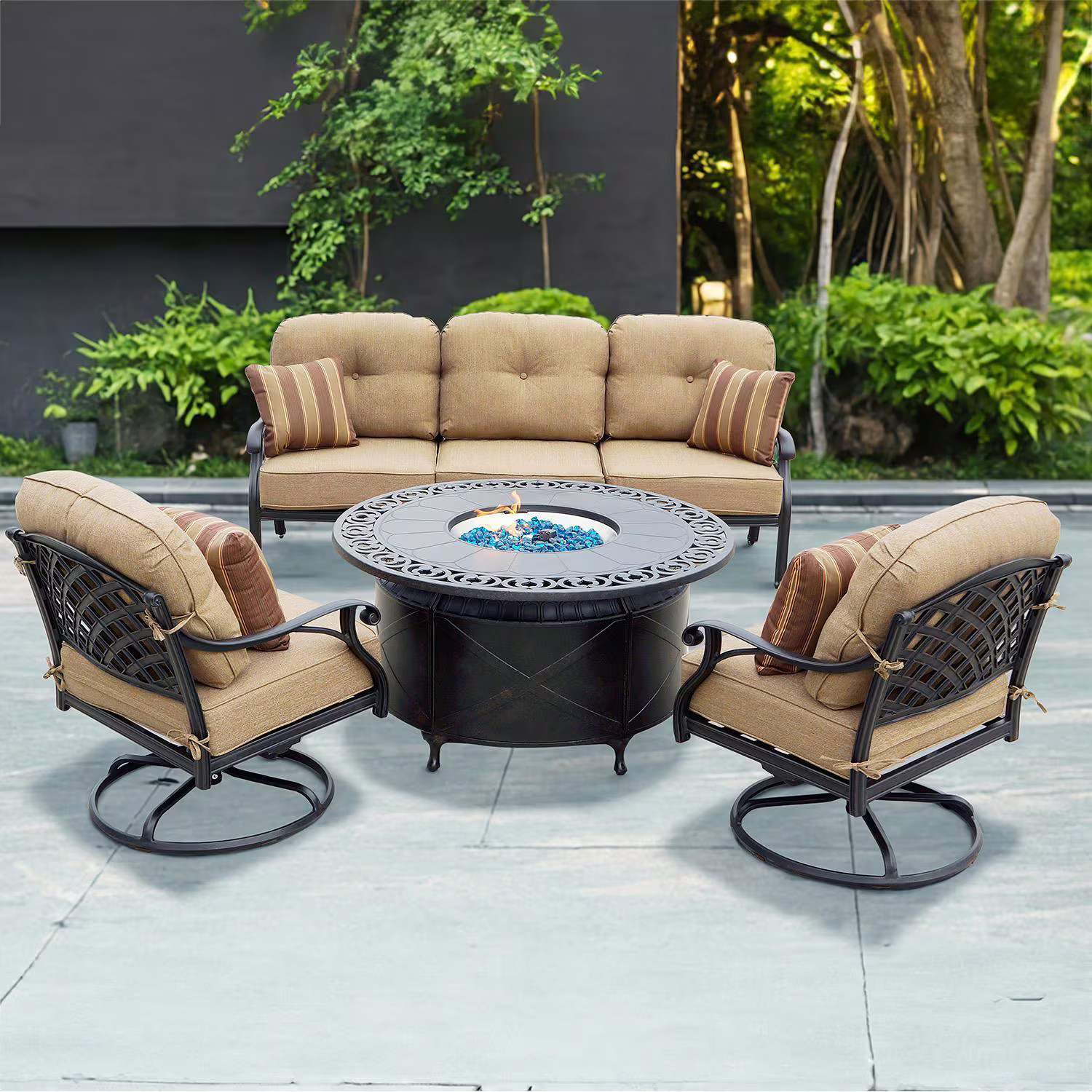 Nassau 4 Pc Cast Aluminum Fire Pit Seating Set 47 Inch Table Swivel Rockers &