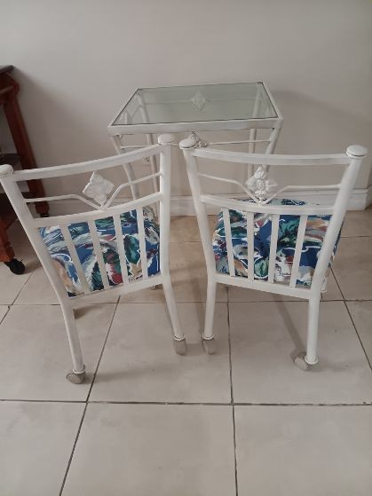 Metal Dining Patio Set Square Table Glass Top White Chairs on Wheels Set of 3