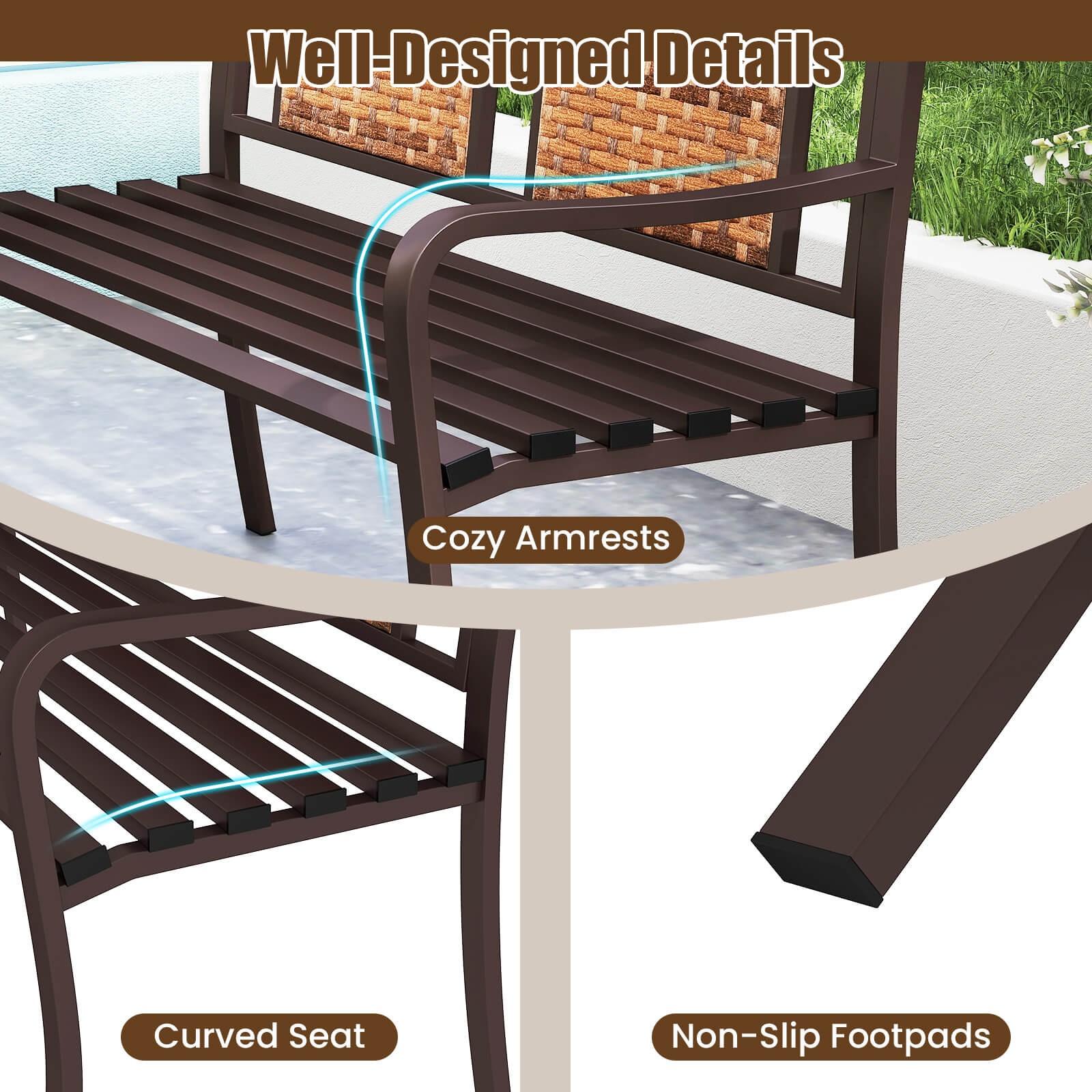 51″ Patio Metal Bench for 2-3 w/ Rattan Backrest & Curved Armrests for Backyard