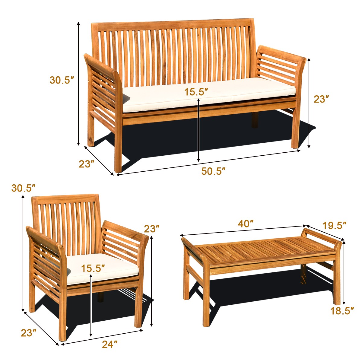 4 PCS Outdoor Acacia Wood Sofa Furniture Set Cushioned Chair Coffee Table Garden