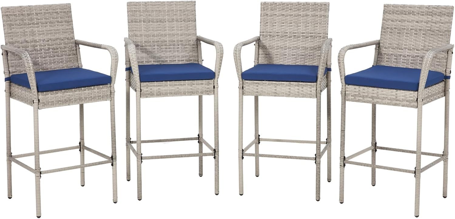 2 Pc All-Weather Wicker Bar Stools Outdoor with Armrest & Cushion Counter Height
