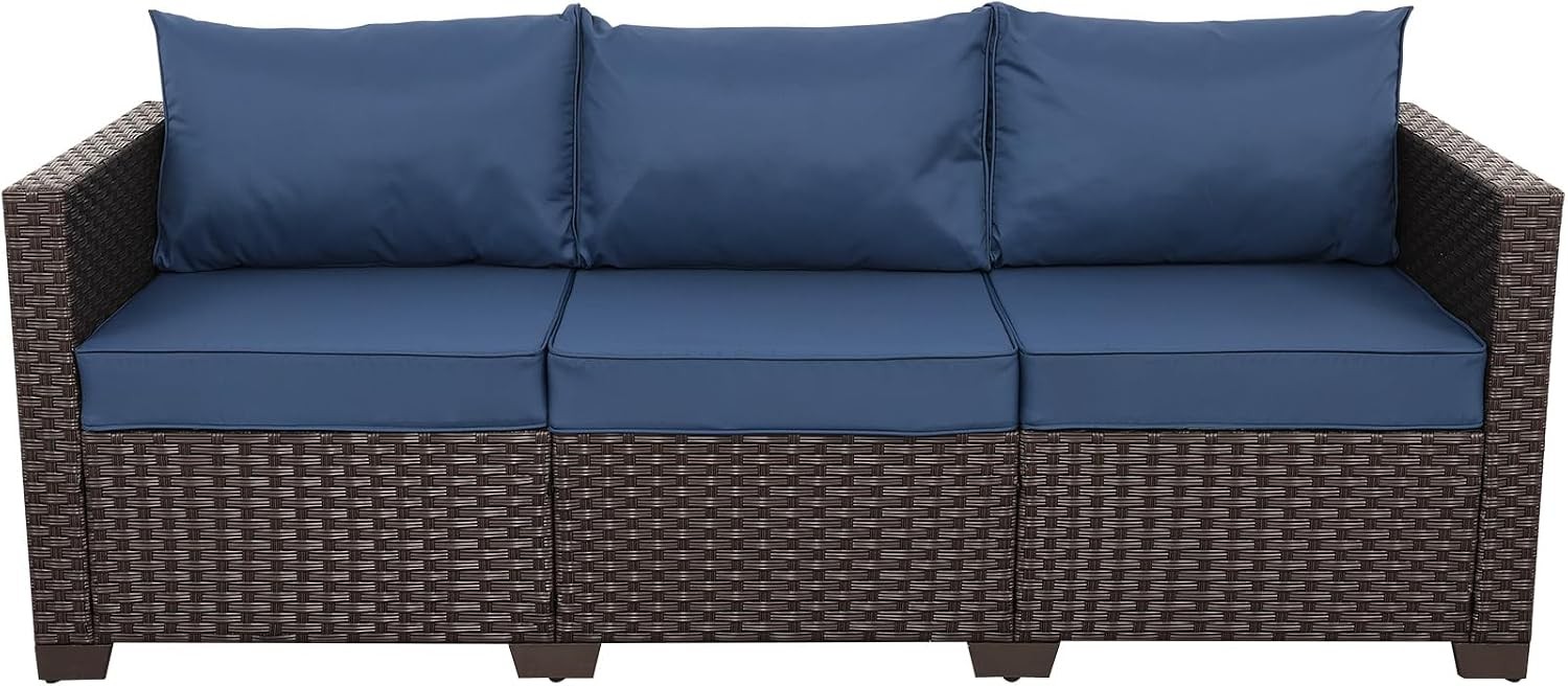 3-Seat Patio Wicker Sofa Outdoor Rattan Couch Furniture Steel Frame with