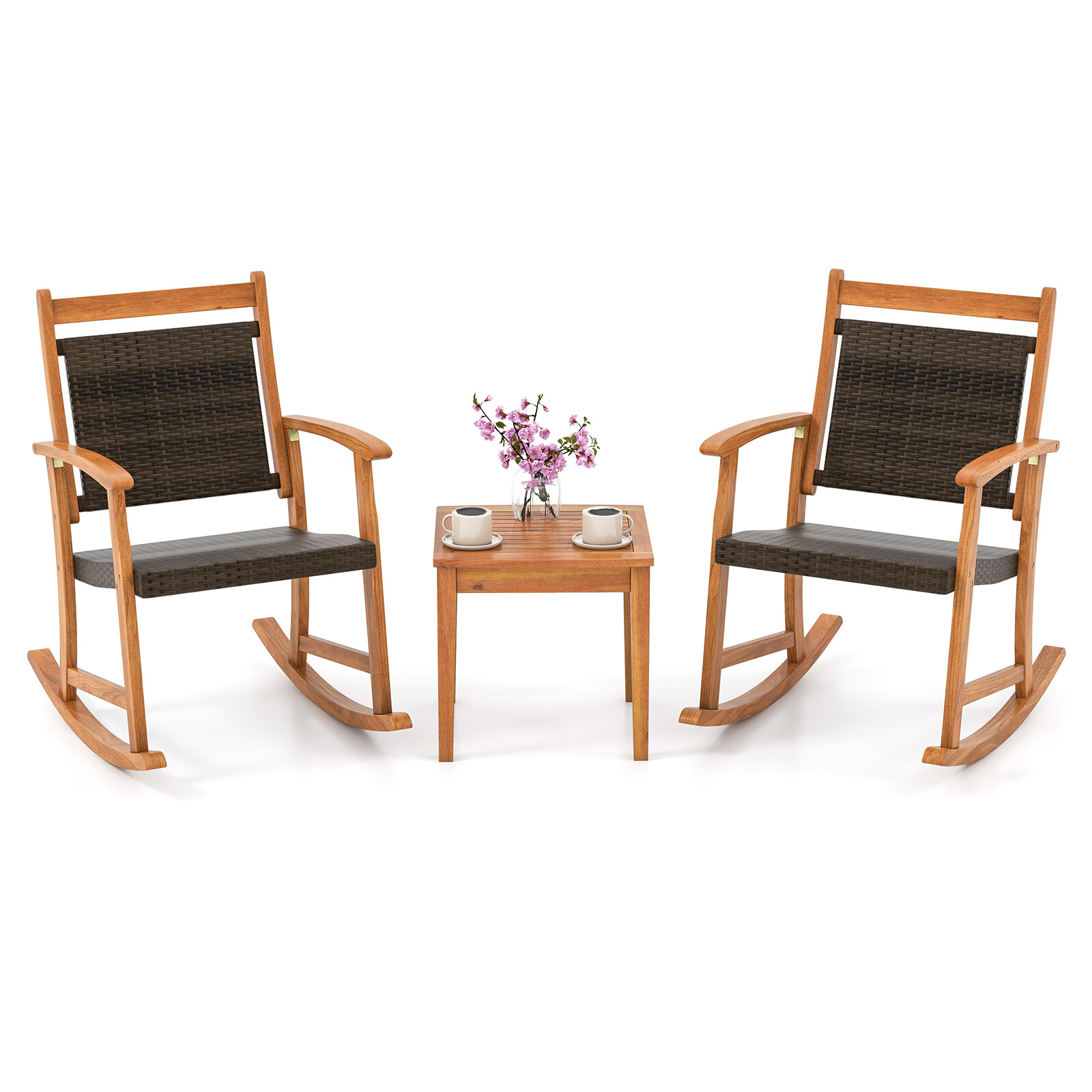 3PCS Acacia Wood Rocking Wicker Bistro Set w/ 2 Porch Chairs & Coffee Side Table