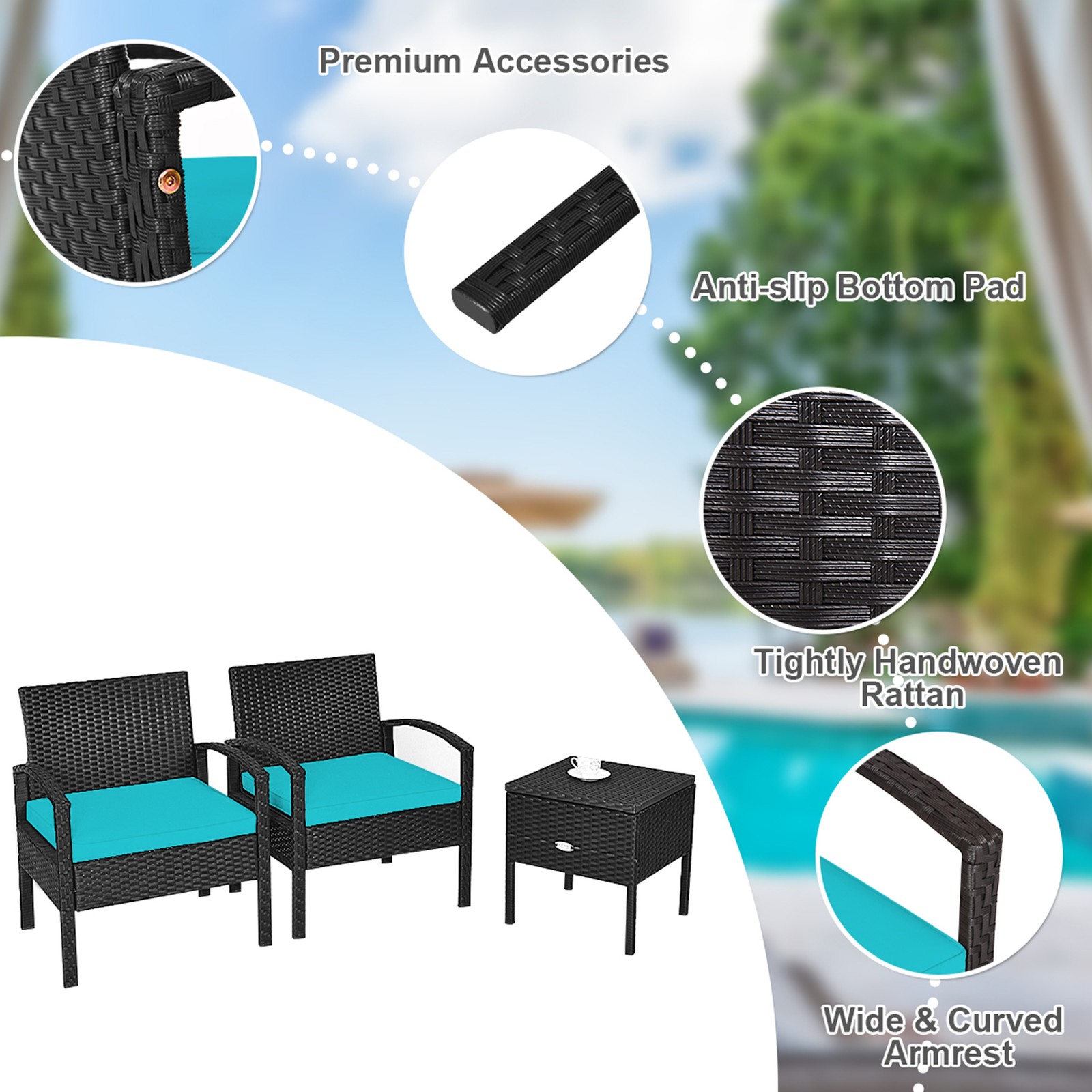 3PCS Rattan Patio Conversation Furniture Set w/ Storage Table Turquoise Cushion