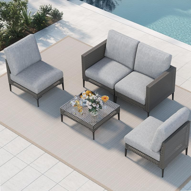 Outdoor Patio Sofa Conversation Set–Rattan 4 Seats Comfortable Couch for Garden,