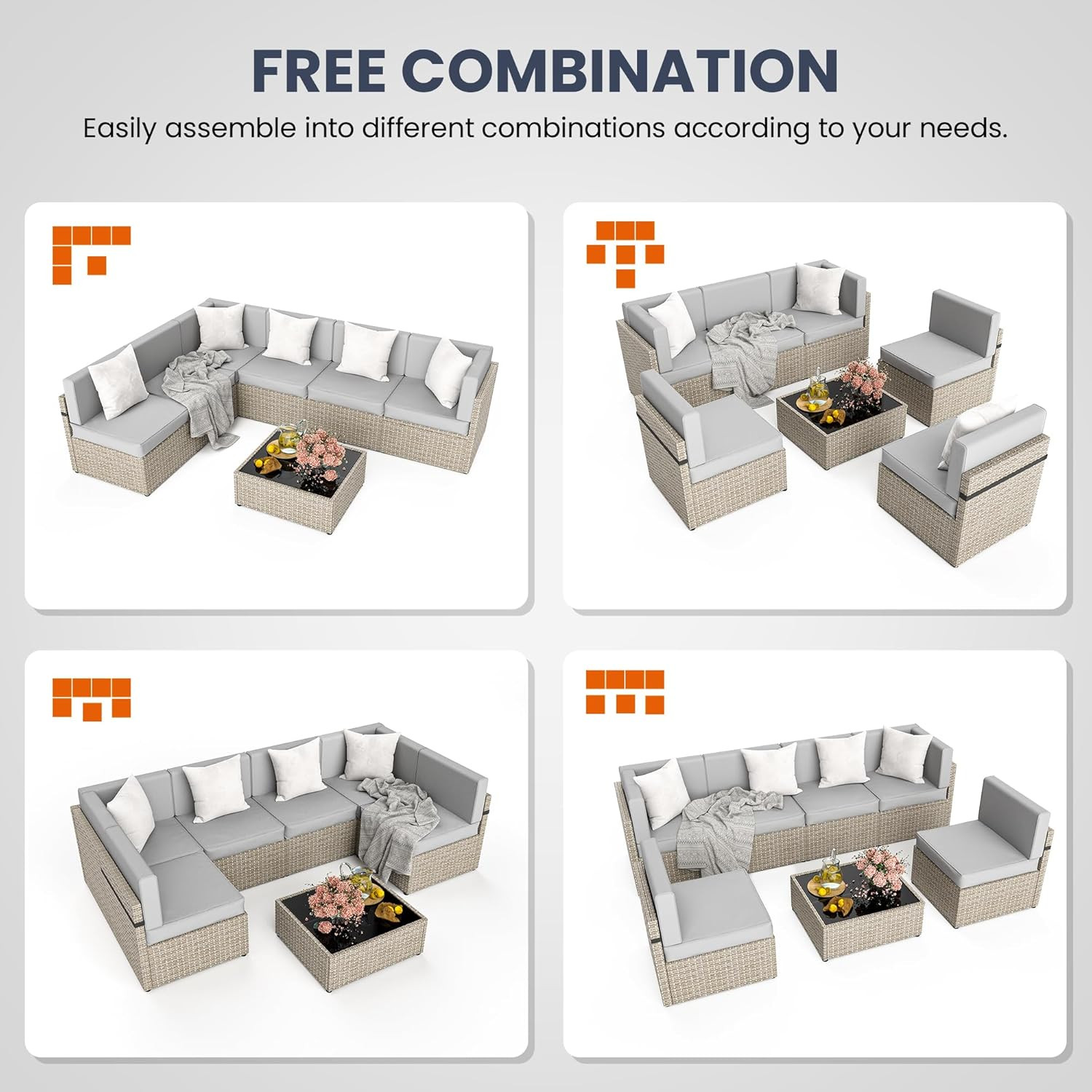 7-Piece Outdoor Sectional Furniture Set, All-Weather Wicker Patio Sofa with Wash