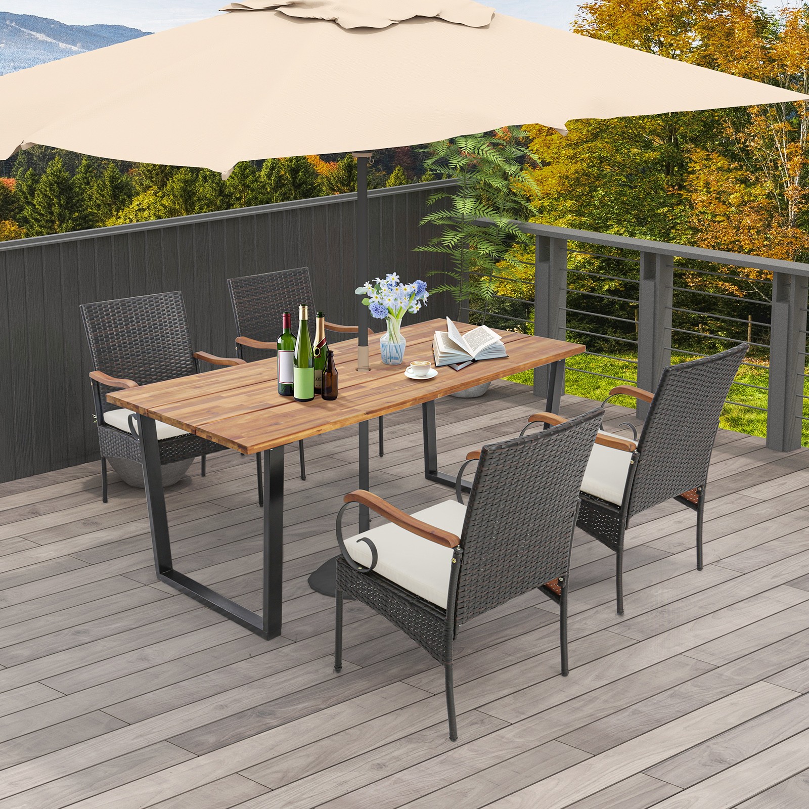 5Pcs Patio Rattan Dining Set Umbrella Hole Poolside Backyard Garden