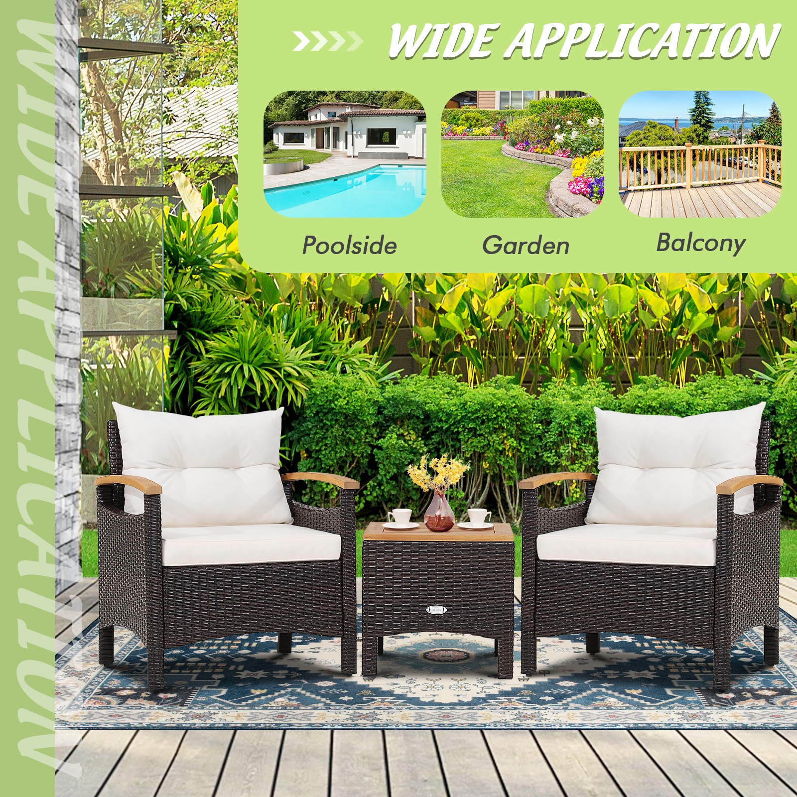 3 PCS Patio Furniture Set Outdoor Rattan Bistro Set with Coffee Table & Cushions