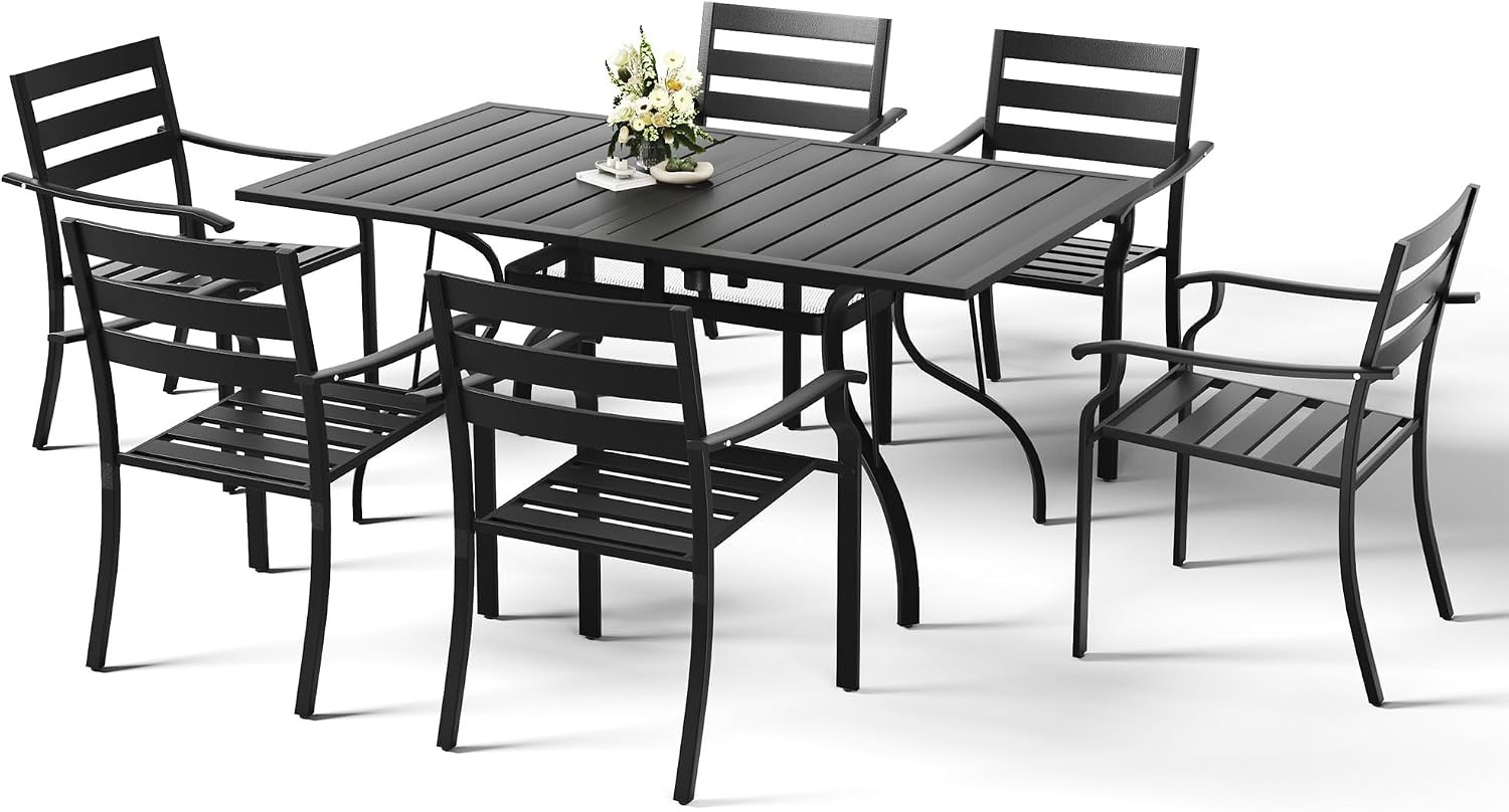 7 Piece Outdoor Patio Dining Set 6 63″ Rectangular Metal Table W/ Umbrella Hole