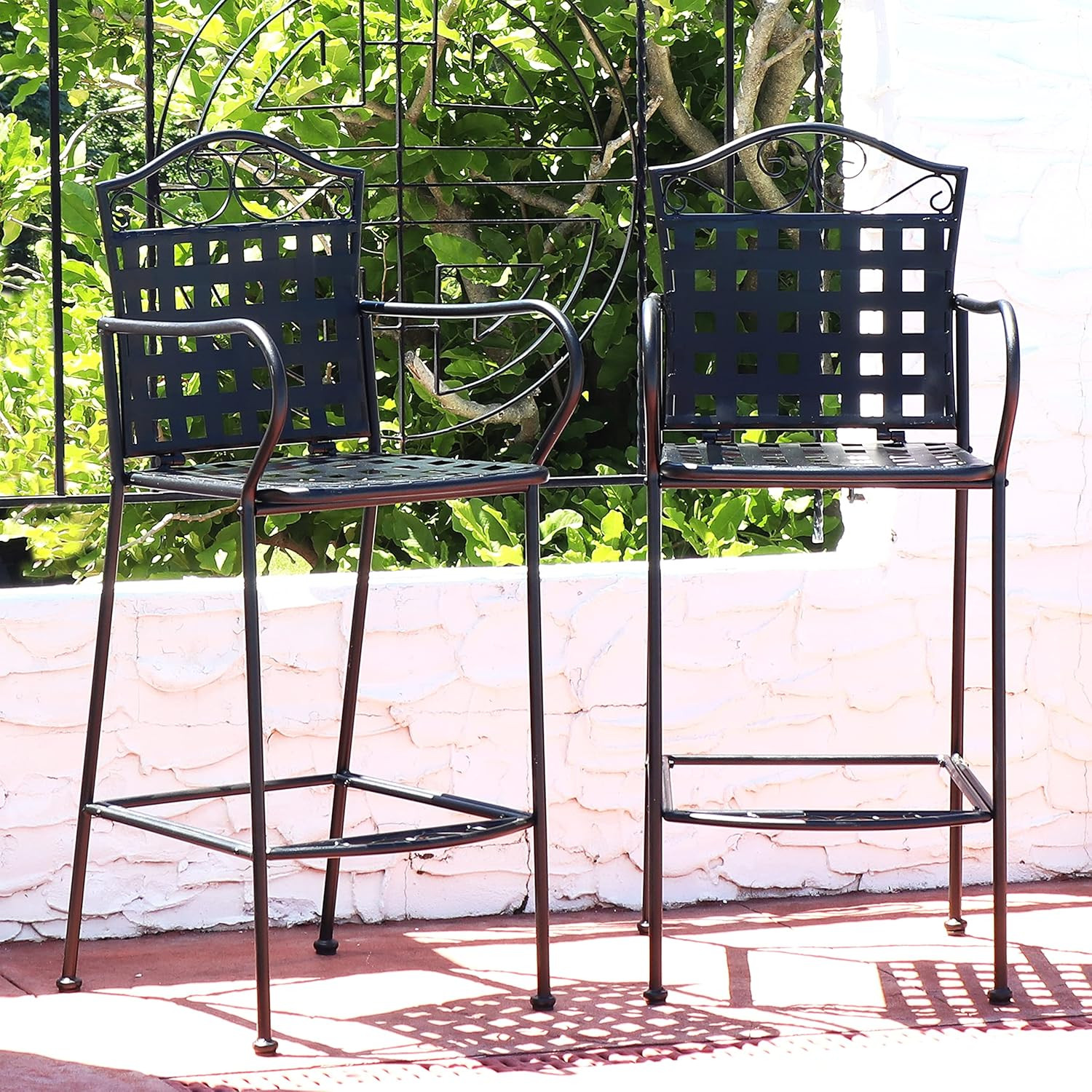 Sunnydaze 47.5-Inch H Wrought Iron Outdoor Bar Chairs with Scrolling Design – Se