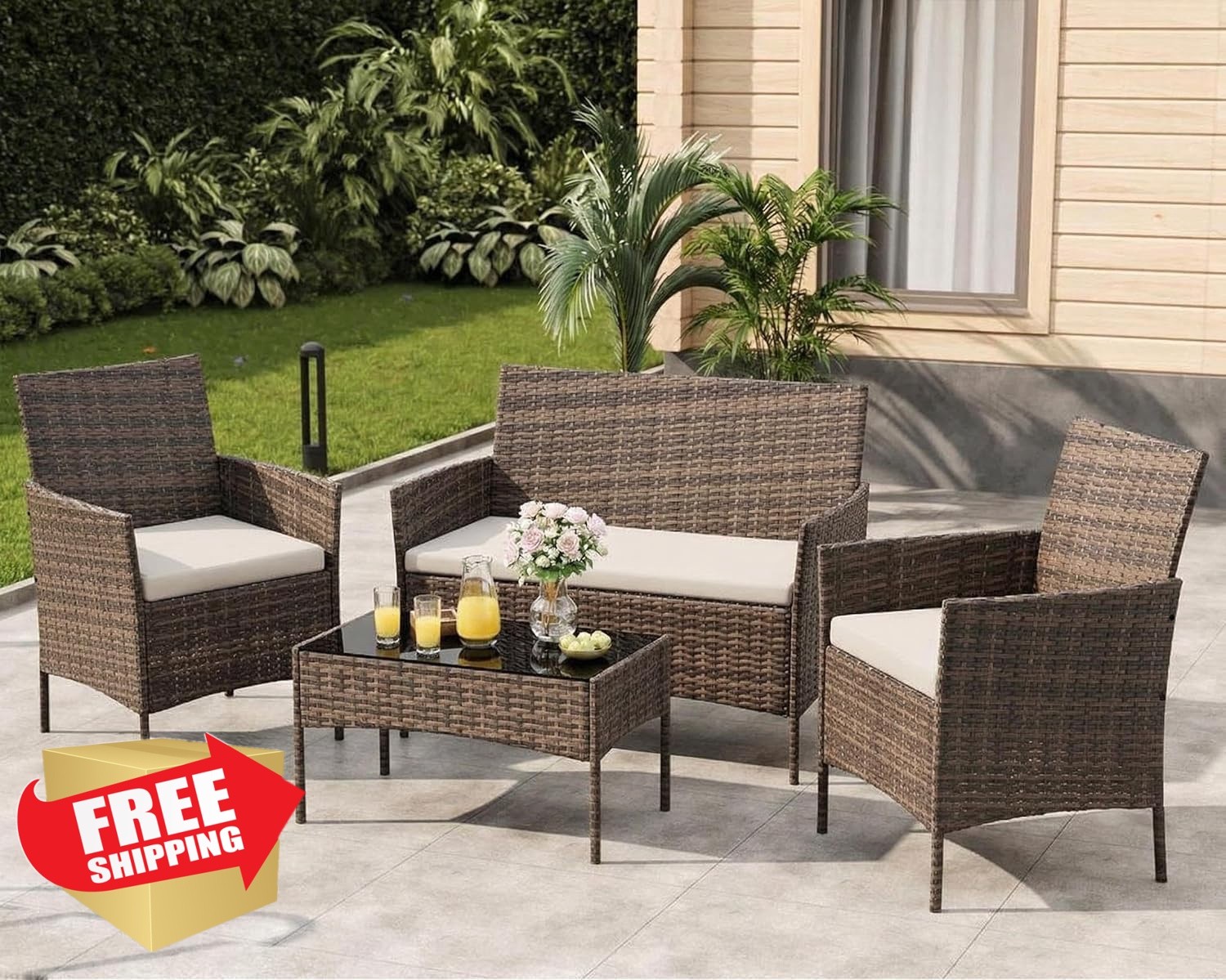 GAOMON Patio Furniture 4PC PE Rattan Brown/Beige Wicker