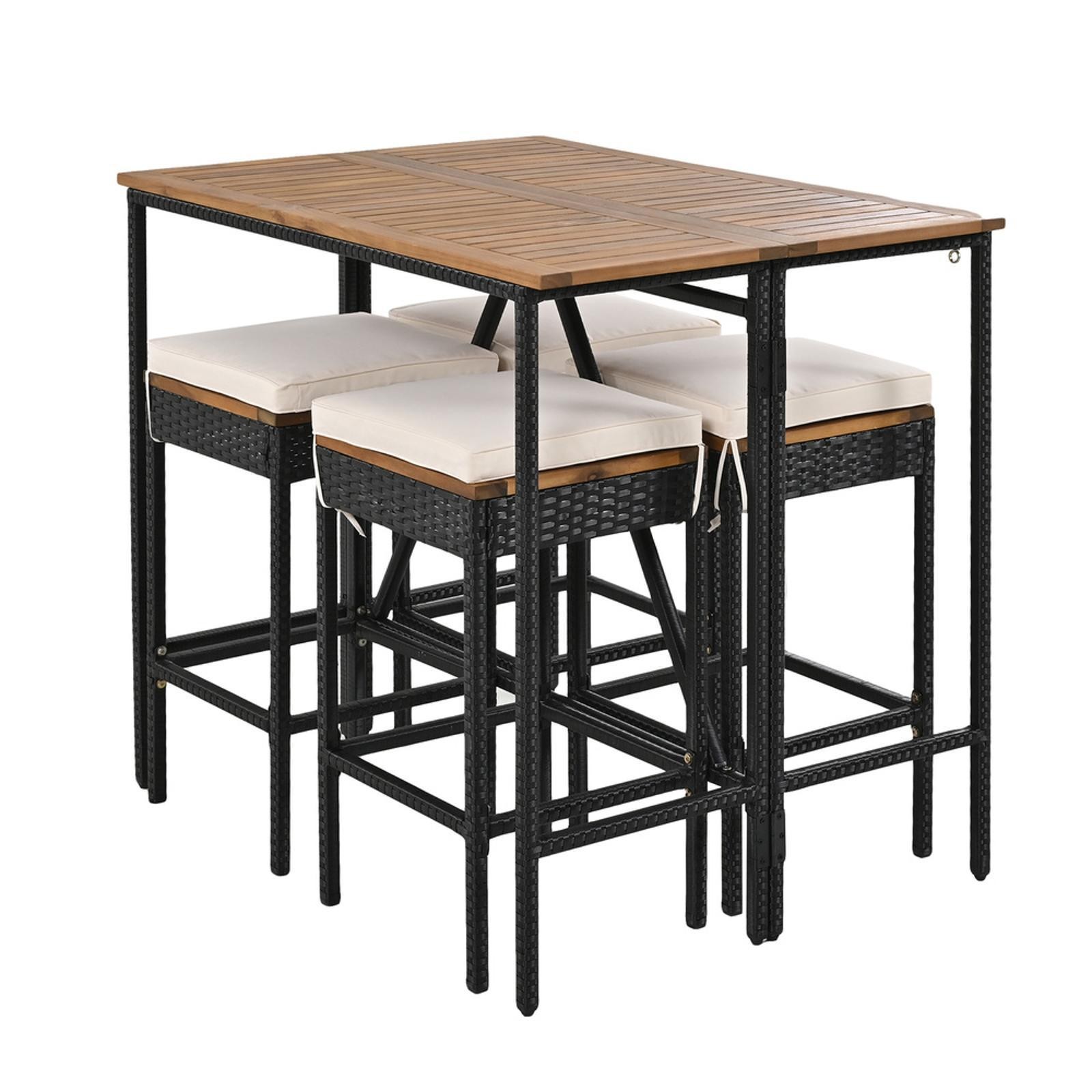 GO 5-Piece Outdoor Bar Set with Acacia Wood & Rattan Wicker, Foldable Table,