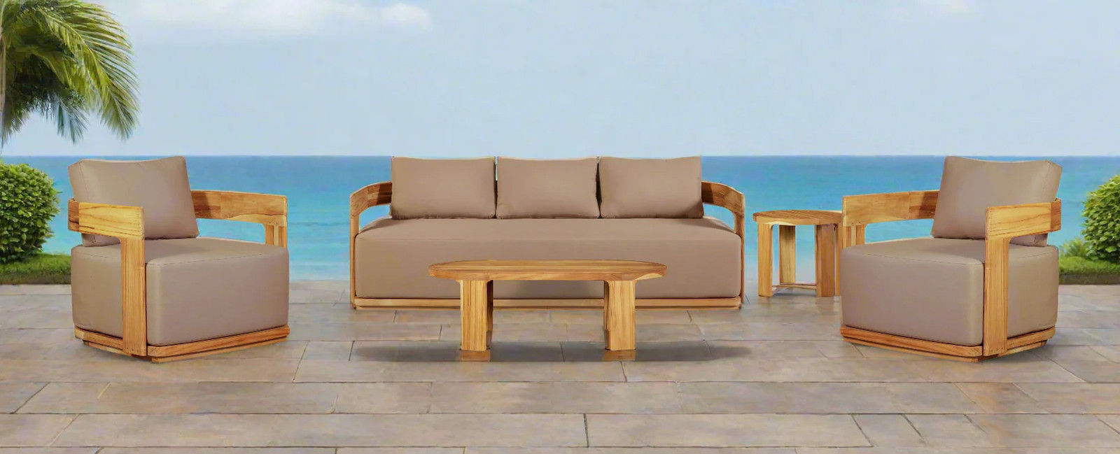 Eclipse Outdoor solid Teak Wood Sofa Set – light brown fabric Sofa + 2 Arm chai