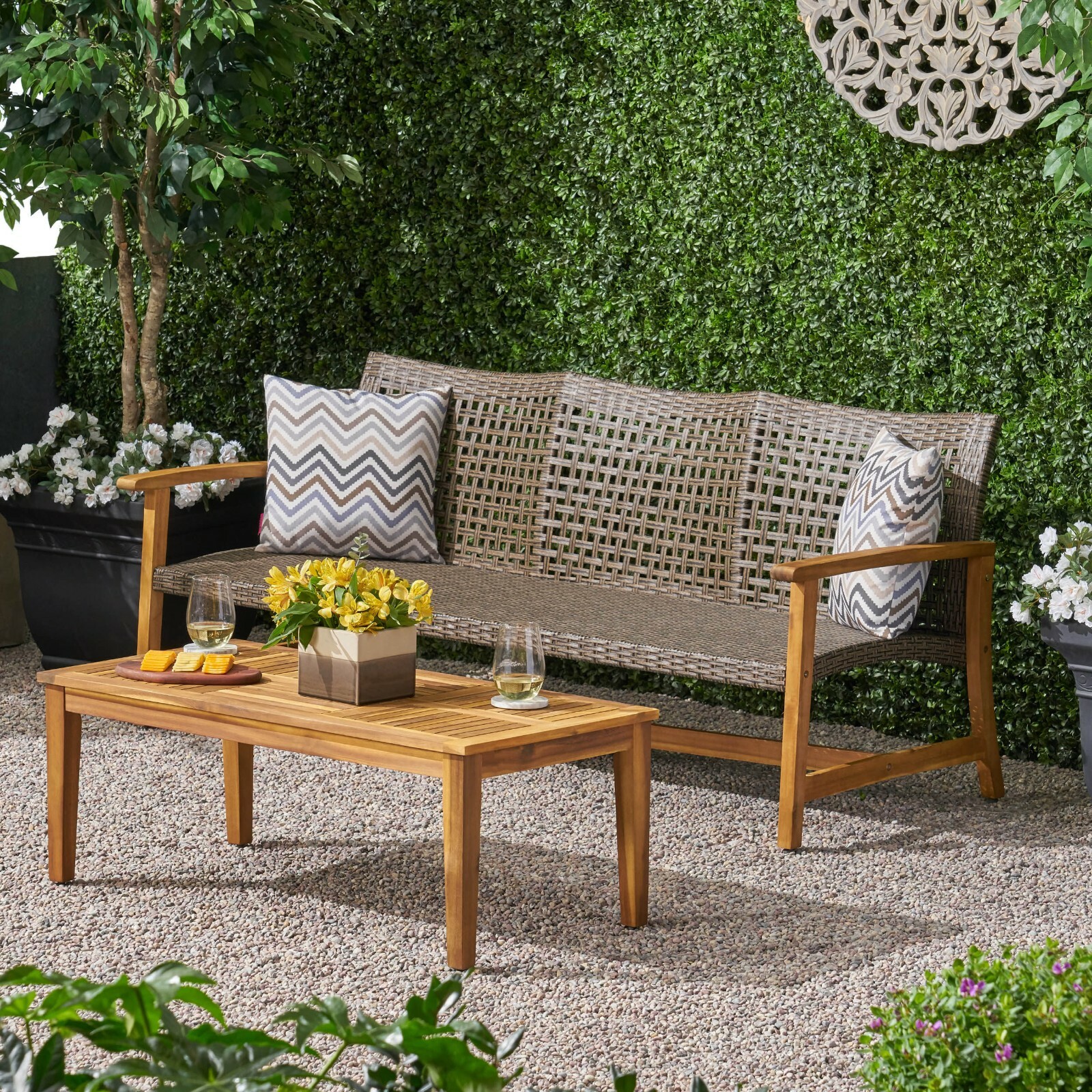 Beacher Belloc Outdoor Wood and Wicker Sofa and Coffee Table Set