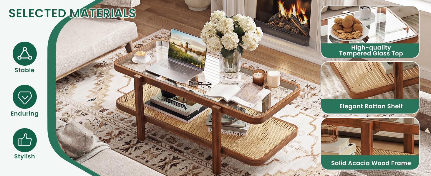 Rattan Coffee Table, 47.5″ Rec Solid Wood Tea Table