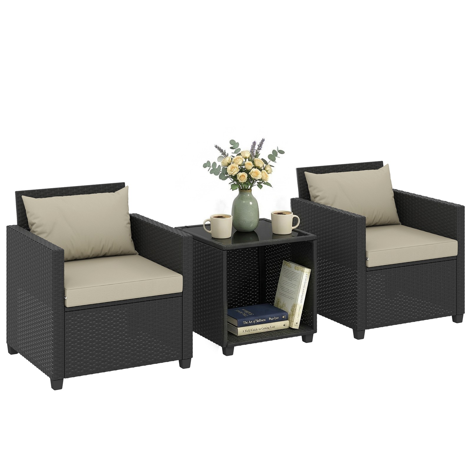3 Piece Patio Bistro Set, Wicker Furniture Set with Cushions Beige