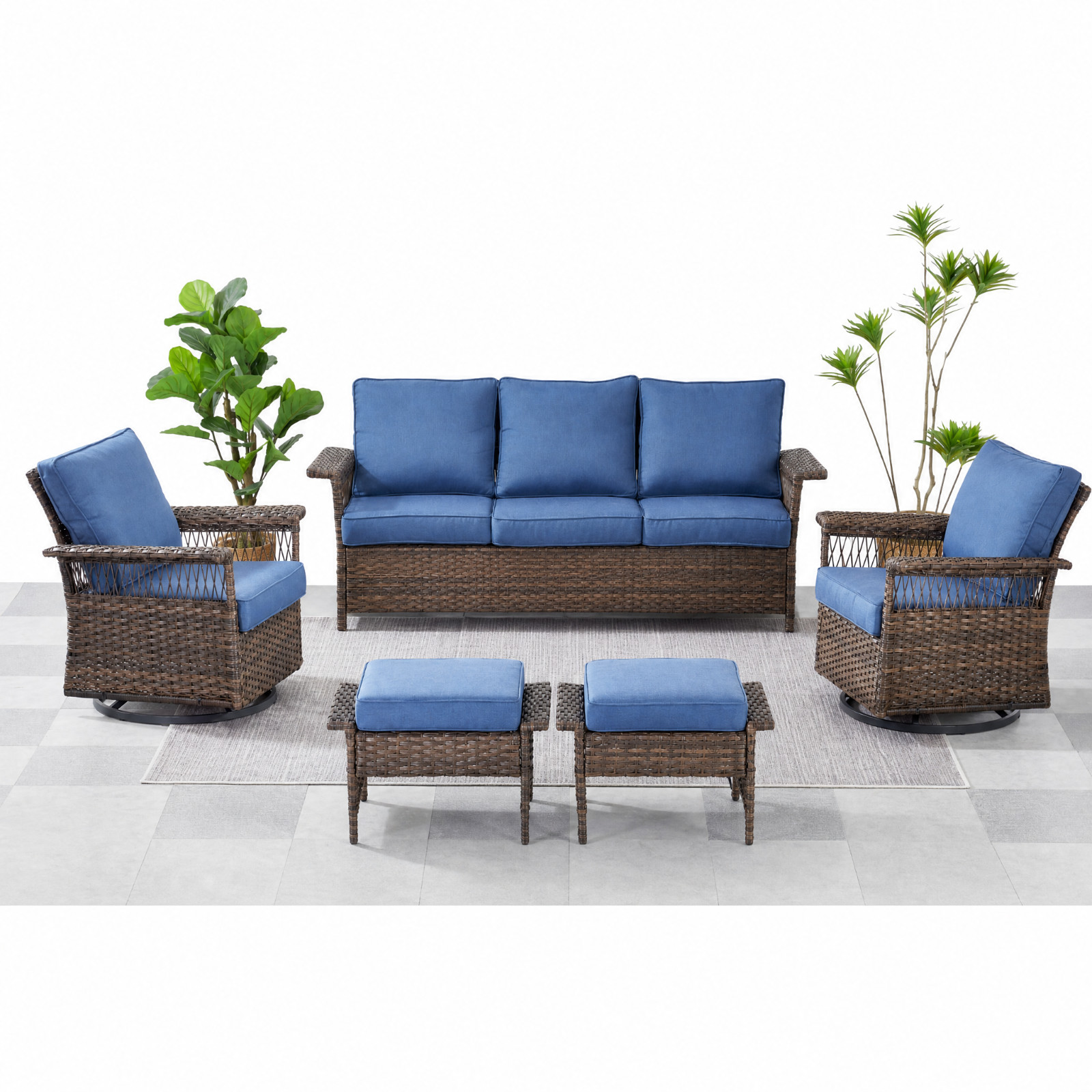 Outdoor Brown Wicker Patio Set, 5-Piece Sofa with Swivel Chairs and 2 Ottomans