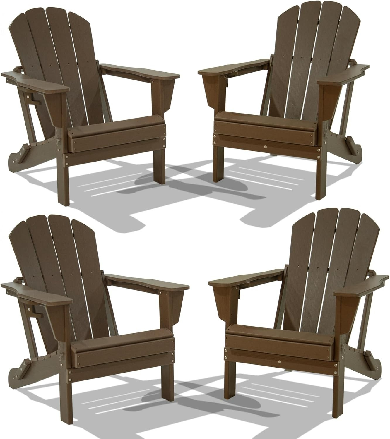 4pcs All-Weather HDPE Folding Adirondack Chair Fire Pit Chair w/Cup Holder,Khaki