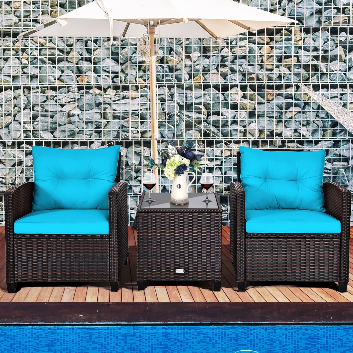 3PCS Patio Rattan Furniture Set Cushioned Conversation Set Sofa Turquoise