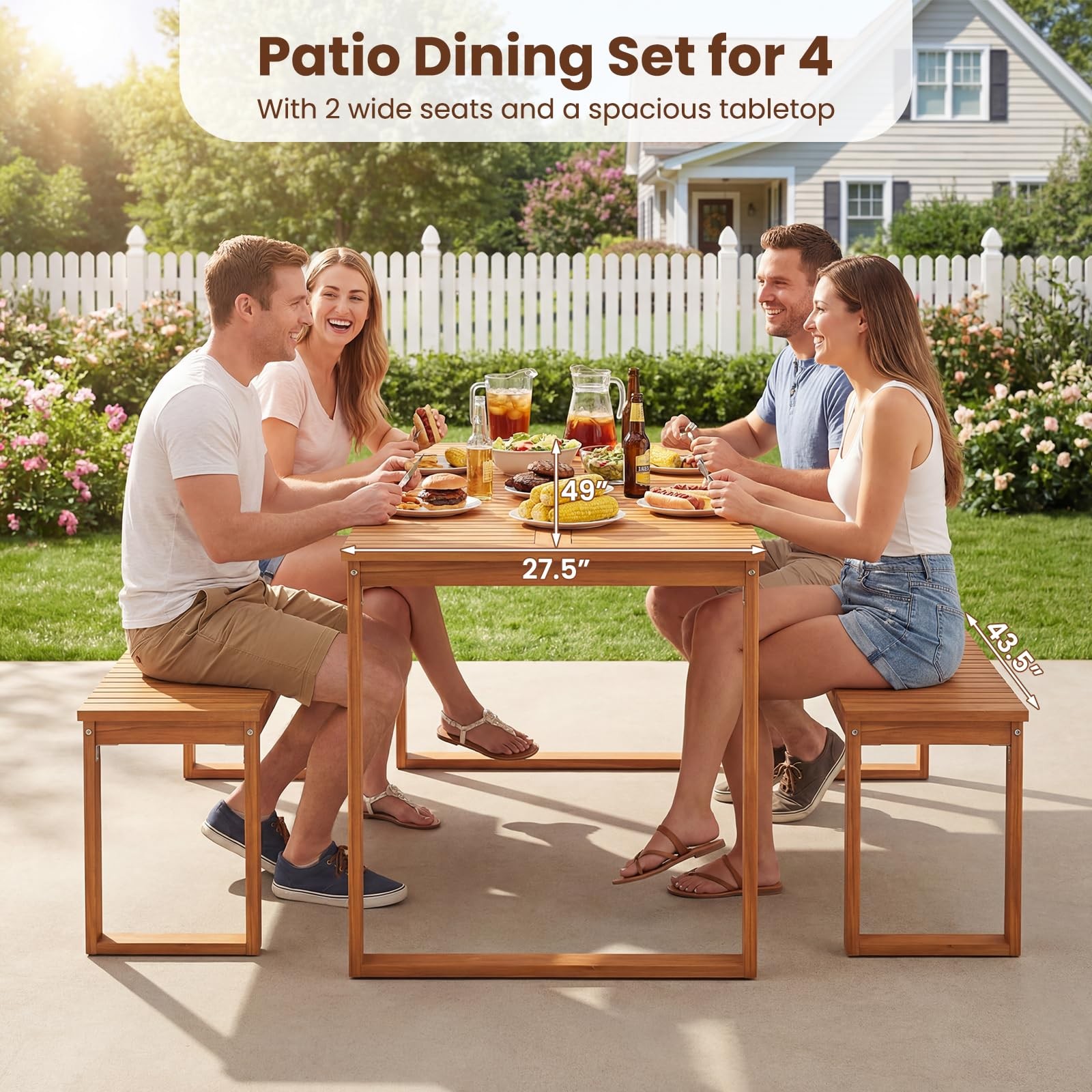 Tangkula 3 Pieces Patio Wooden Dining Set, Acacia Wood Rectangular Picnic Bee…