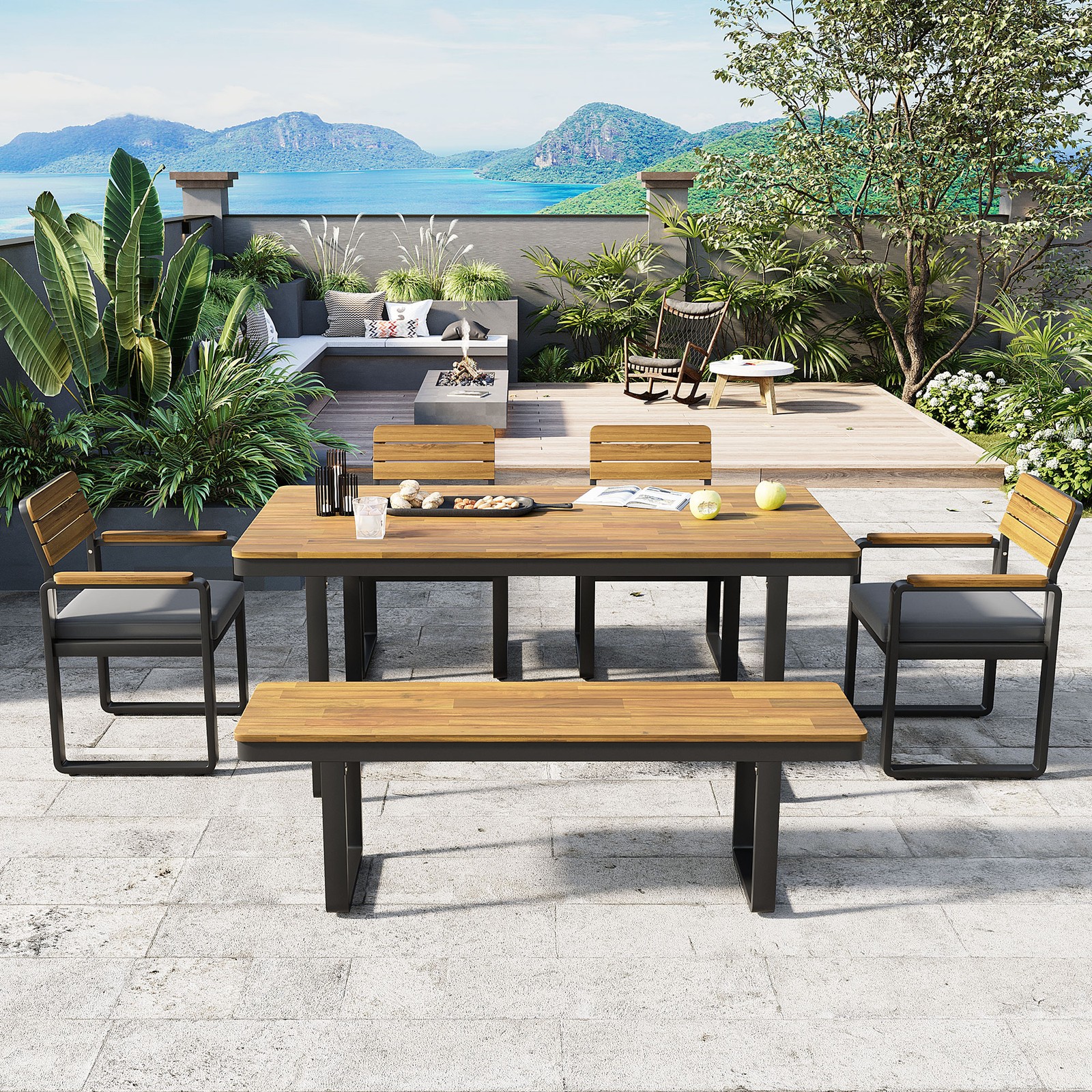 Outdoor Dining Set Acacia Wood 6-Piece w/ Gray Cushions for Patio Backyard